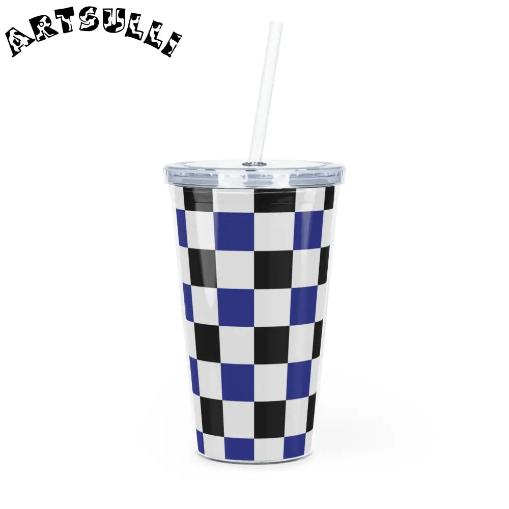 JAKKOUTTHEBXX Checkerboard Blue White and Black Plastic Tumbler