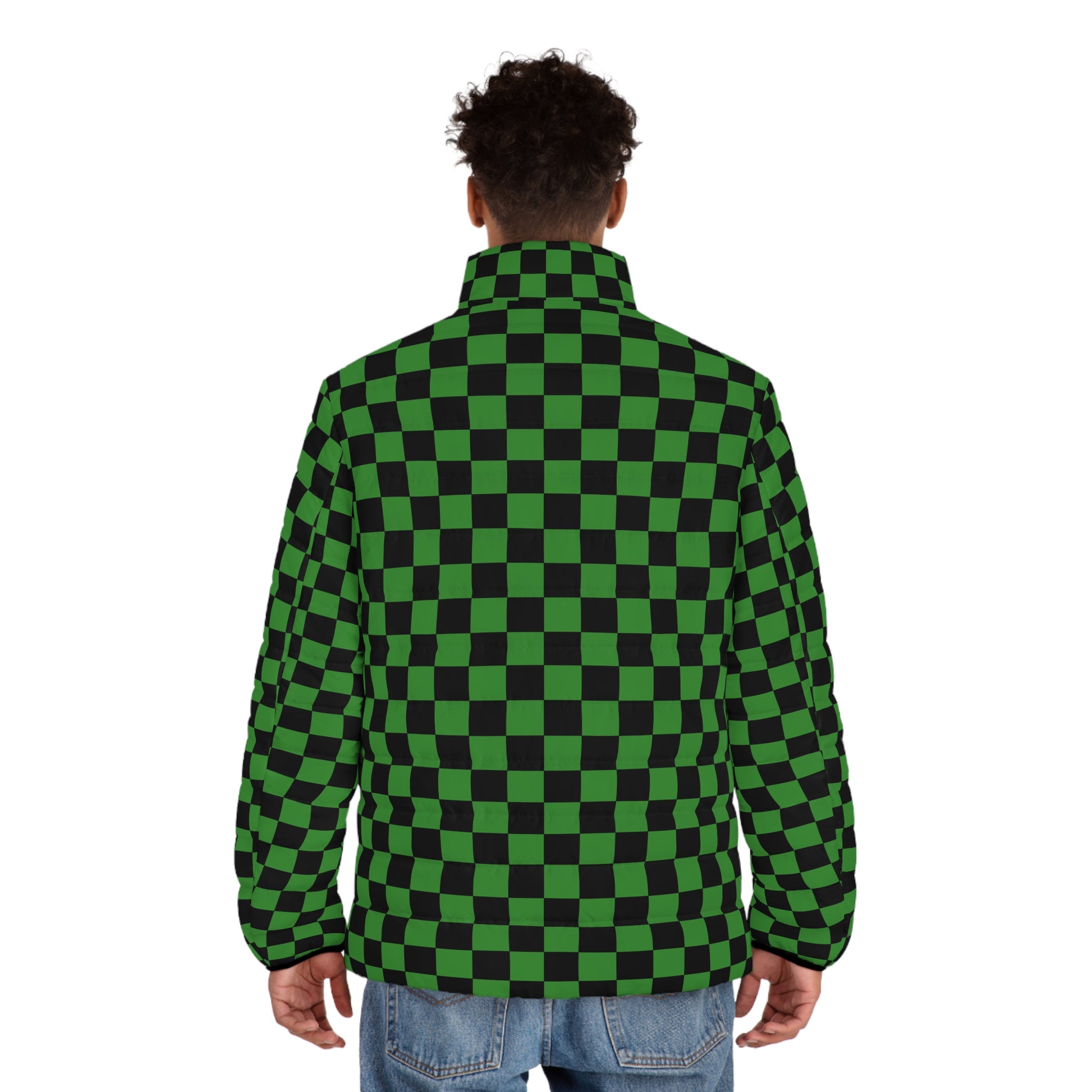 Checkerboard Green and Black Men's Puffer Jacket (AOP), Artsulli - Art is Long, Life is Short, All Over Prints, , , , , , , 