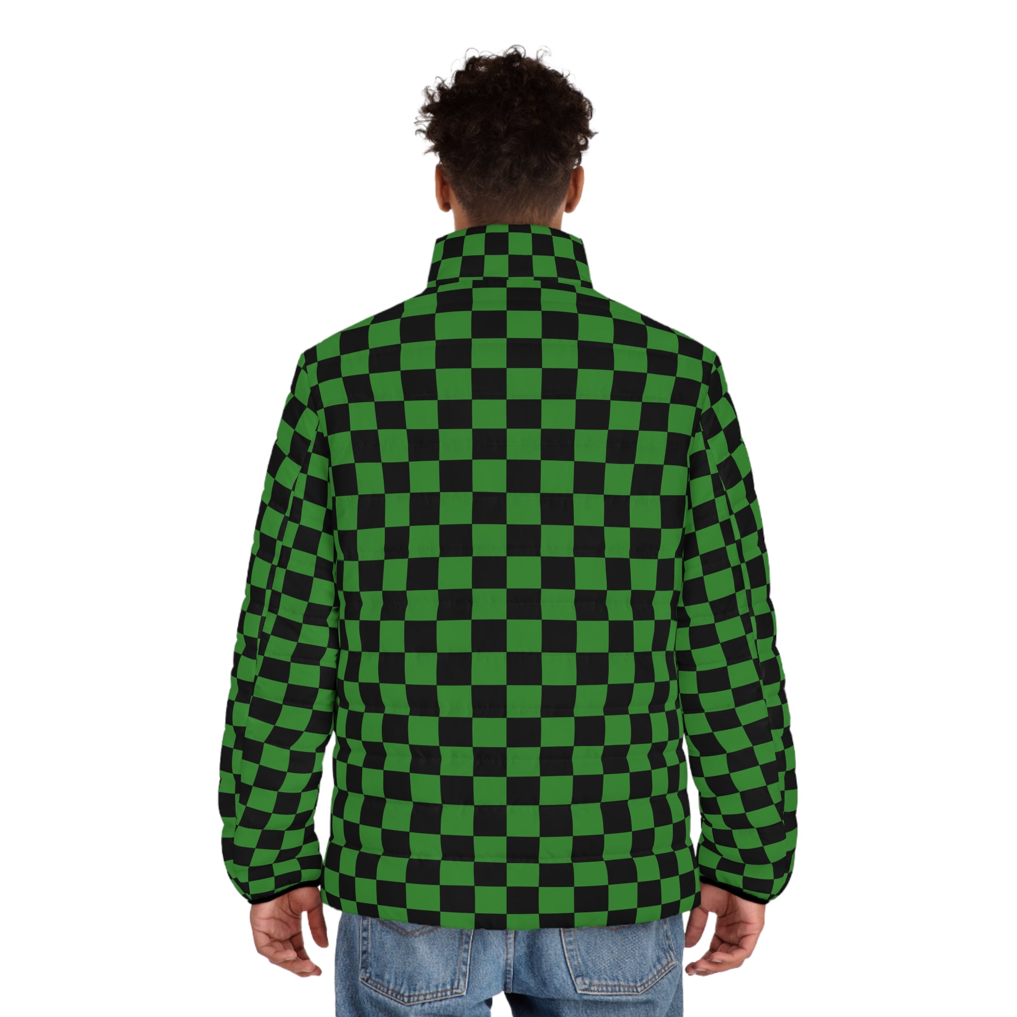 Checkerboard Green and Black Men's Puffer Jacket (AOP), Artsulli - Art is Long, Life is Short, All Over Prints, , , , , , , 
