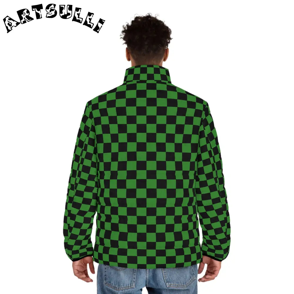 JAKKOUTTHEBXX Checkerboard Green and Black Men’s Puffer Jacket (AOP)