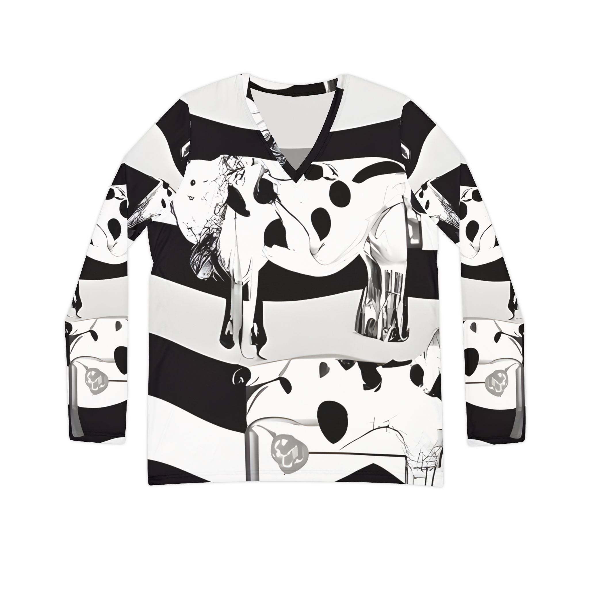 Cruellas Cattle Line Women's Long Sleeve V-neck Shirt (AOP), Artsulli - Art is Long, Life is Short, All Over Prints, Size, XS, , , , , 17219586039452437630