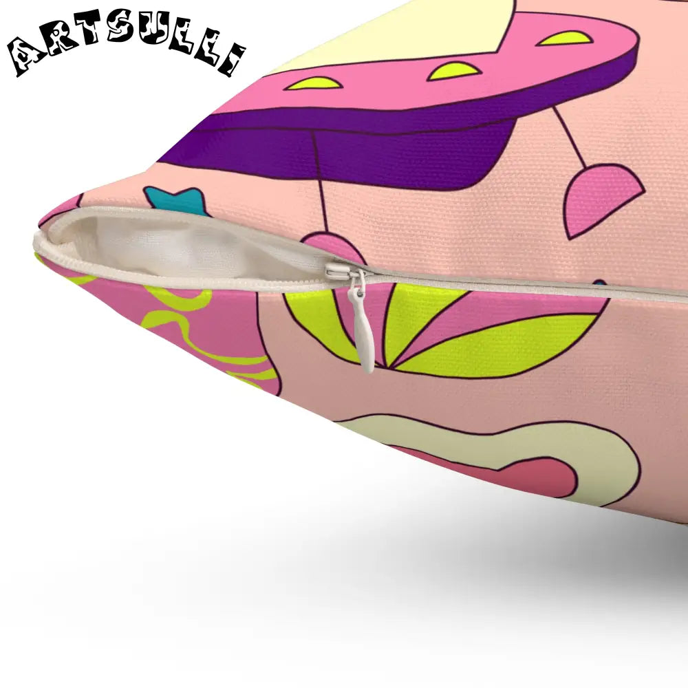 JAKKOUTTHEBXX Trippy Spaceships Pink Spun Polyester Square Pillow