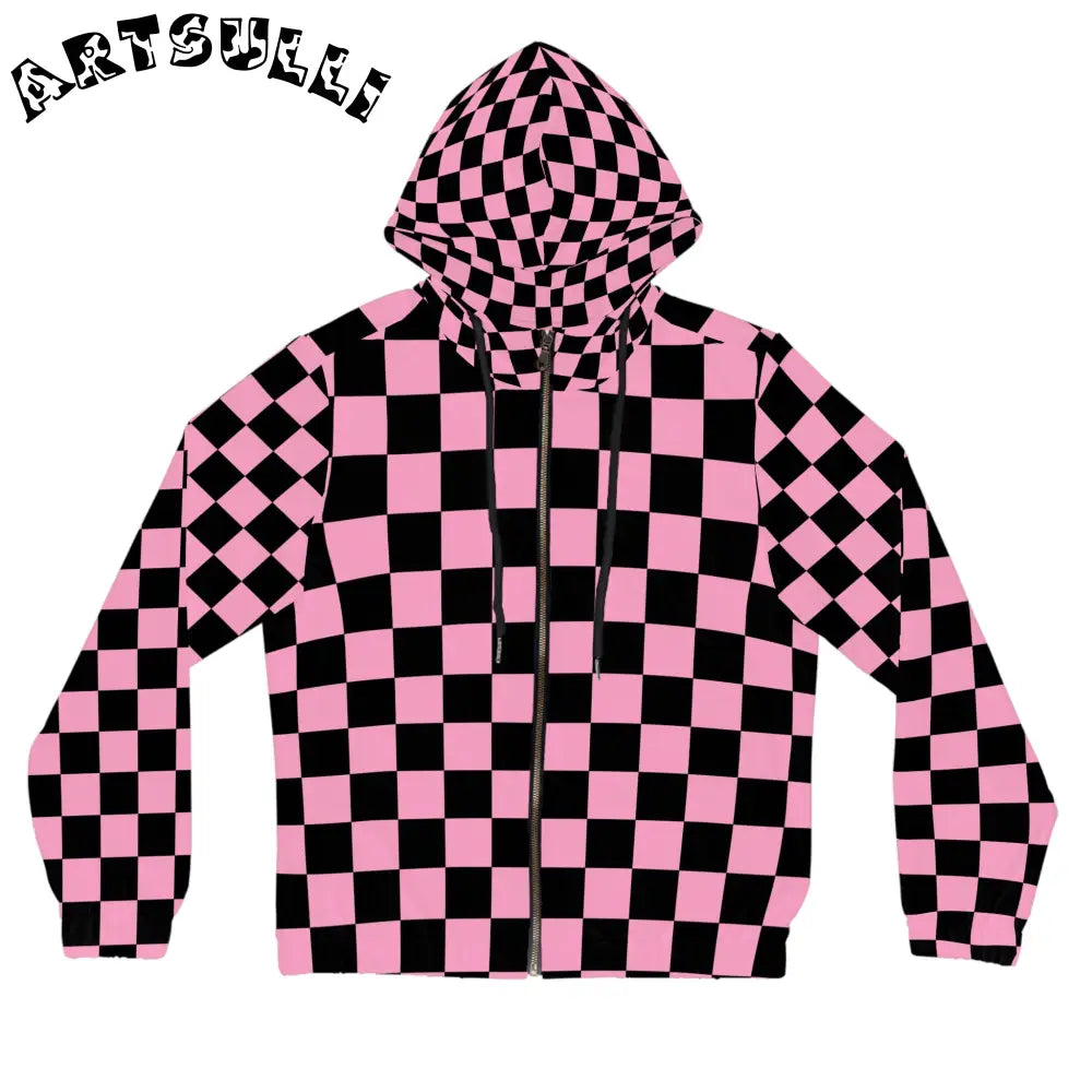 JAKKOUTTHEBXX Checkerboard Black and Pink Women’s Full-Zip Hoodie