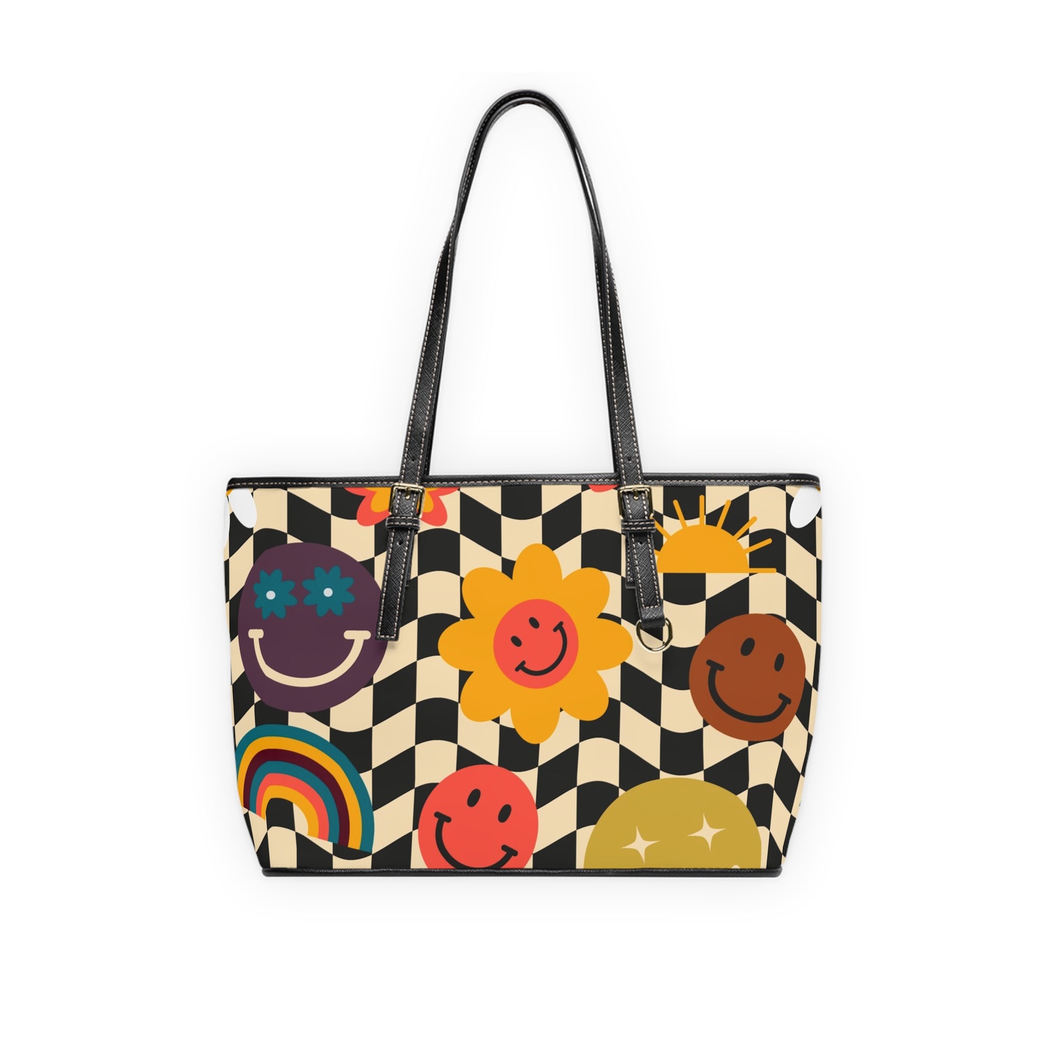 Trippy x Wavy Checkerboard x Smiley Face x Rainbow x Flowers Multi-Color PU Leather Shoulder Bag, Artsulli - Art is Long, Life is Short, Bags, Size, 16" x 10", Color, Black, , , 16734278274547622436