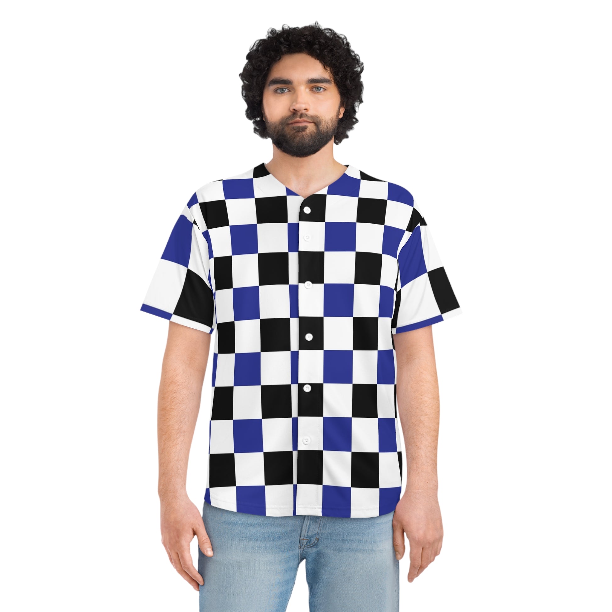 Checkerboard Blue White and Black Men's Baseball Jersey (AOP), Artsulli - Art is Long, Life is Short, All Over Prints, , , , , , , 