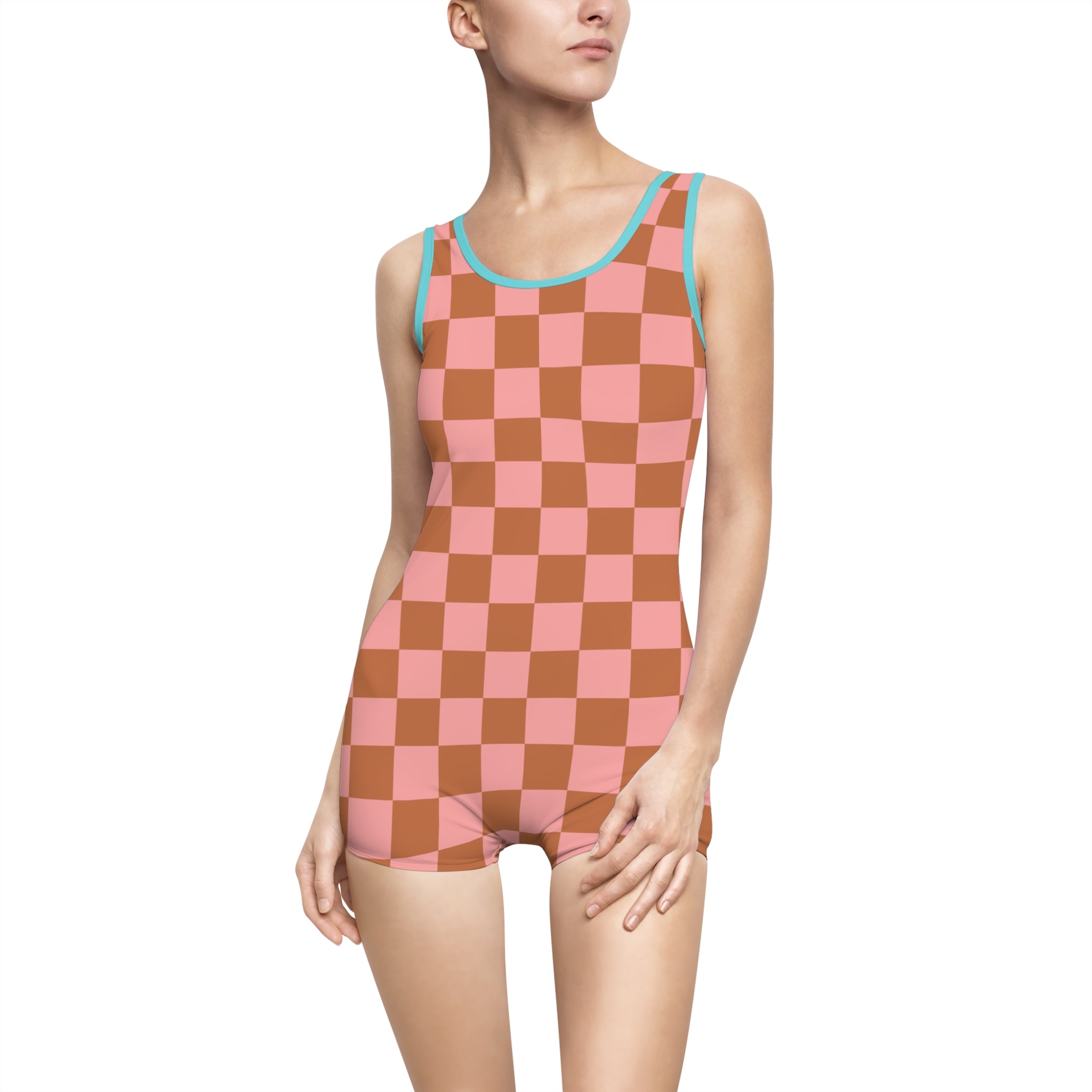 Chessboard Pink and Brown Women's Vintage Swimsuit (AOP), Artsulli - Art is Long, Life is Short, All Over Prints, Color, Ocean, Size, XS, , , 26387343302105460835