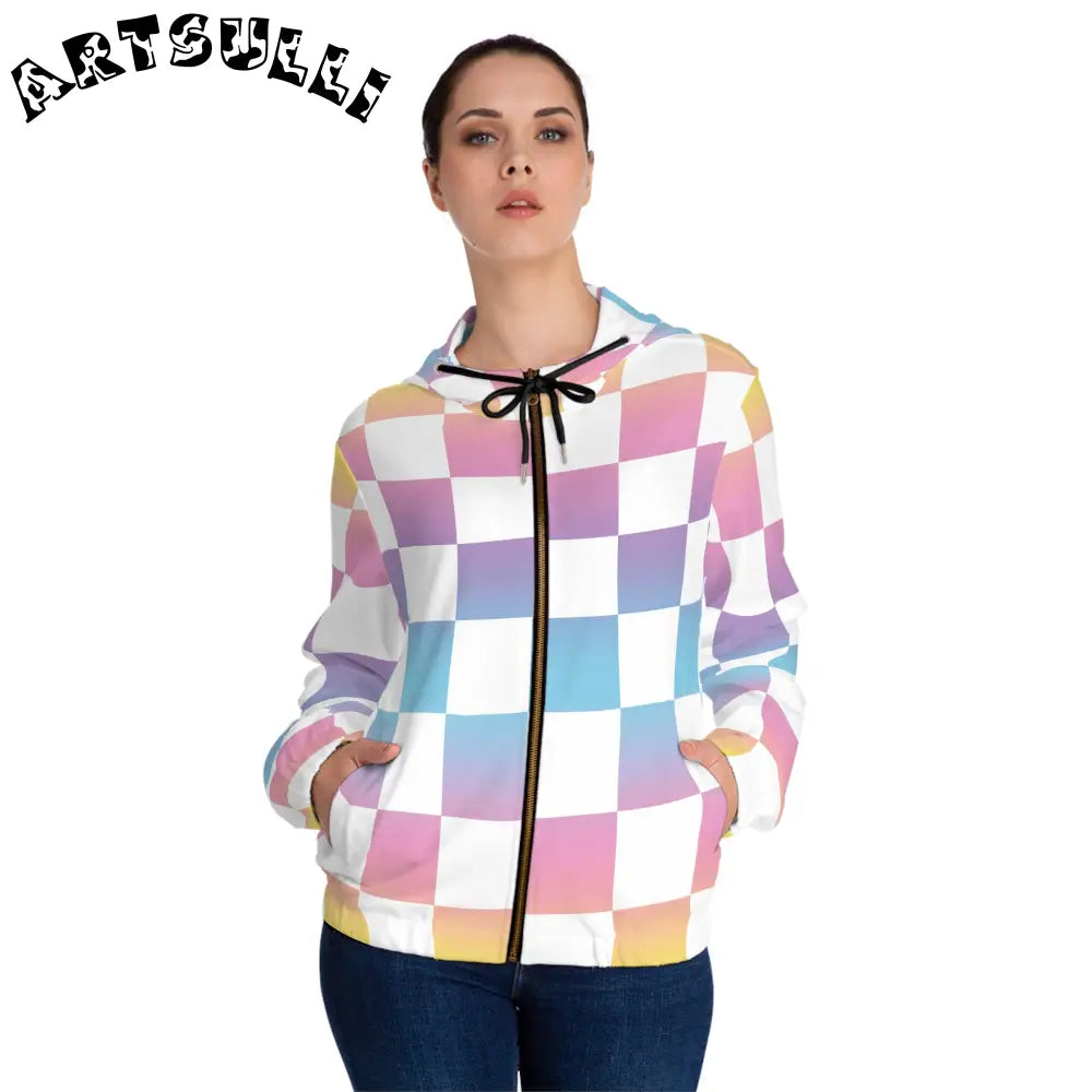 JAKKOUTTHEBXX Vaporwave Check II Women’s Full-Zip Hoodie (AOP)