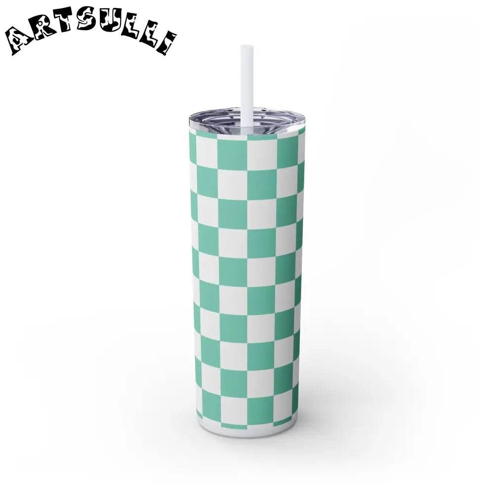 JAKKOUTTHEBXX Checkerboard Light Green Skinny Tumbler with Straw