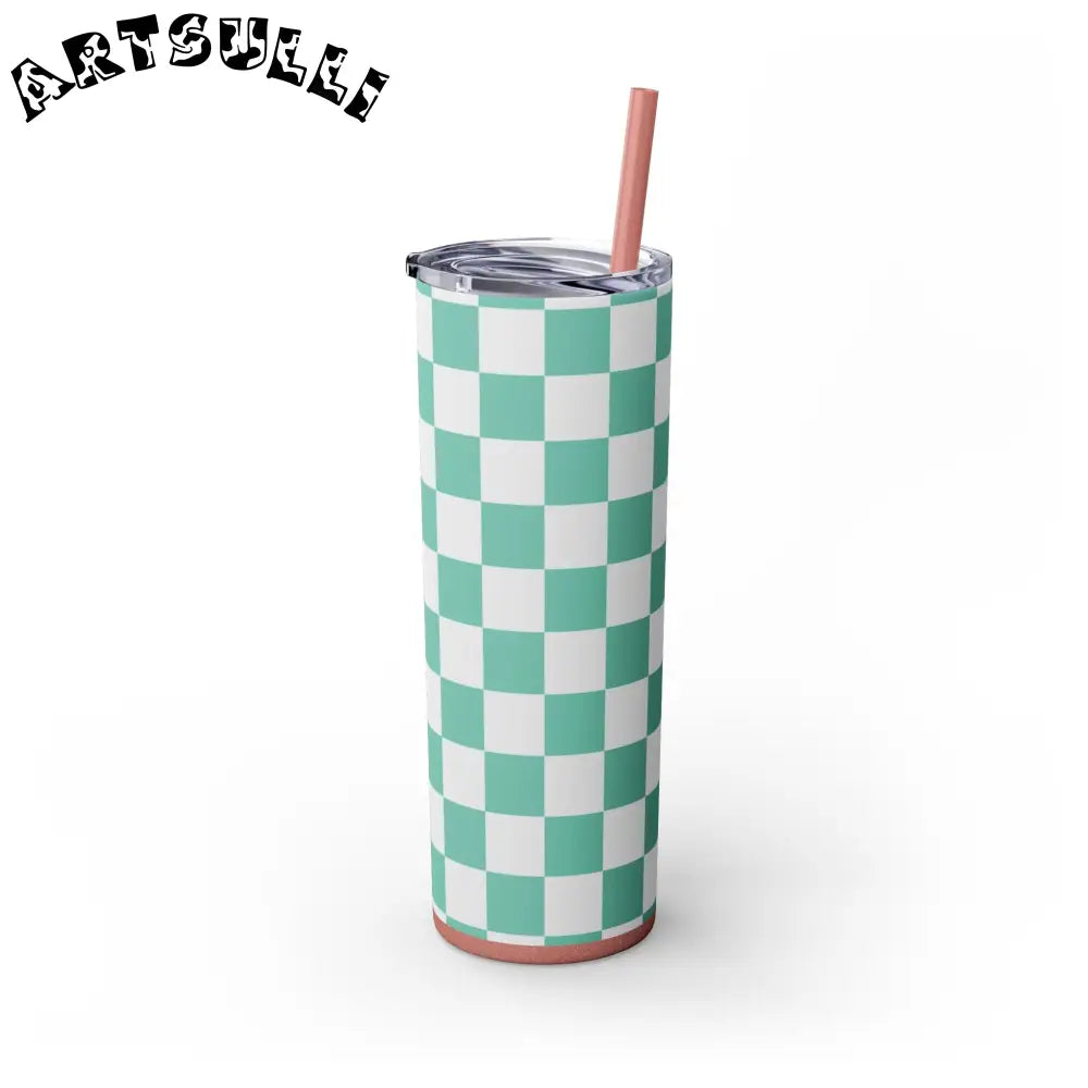 JAKKOUTTHEBXX Checkerboard Light Green Skinny Tumbler with Straw