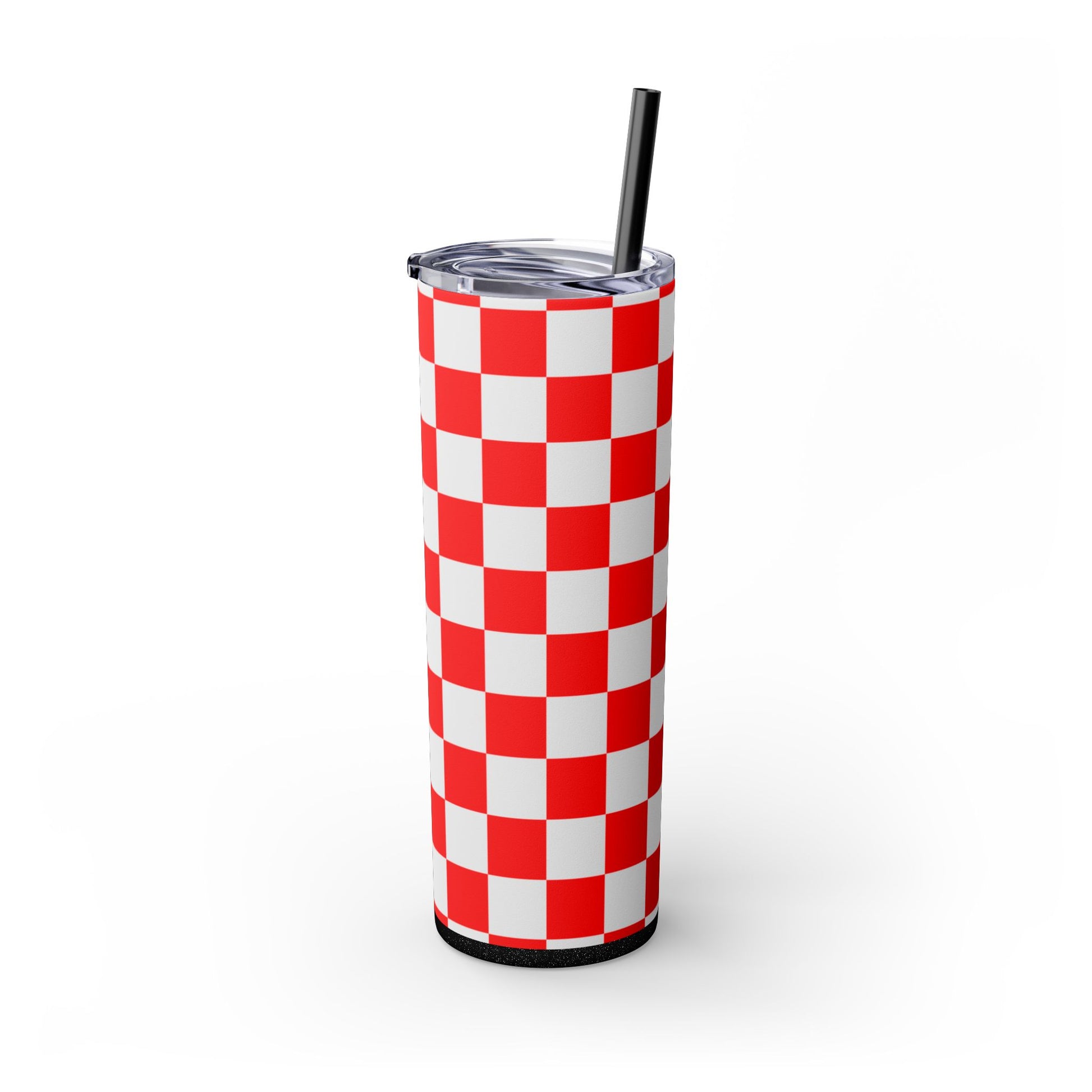 Checkerboard Red and White Skinny Tumbler with Straw, 20oz, Artsulli - Art is Long, Life is Short, Mug, , , , , , , 