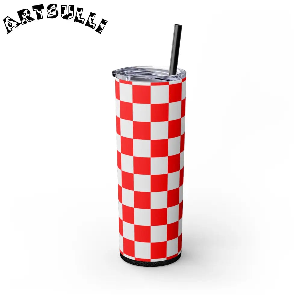 JAKKOUTTHEBXX Checkerboard Red and White Skinny Tumbler with Straw
