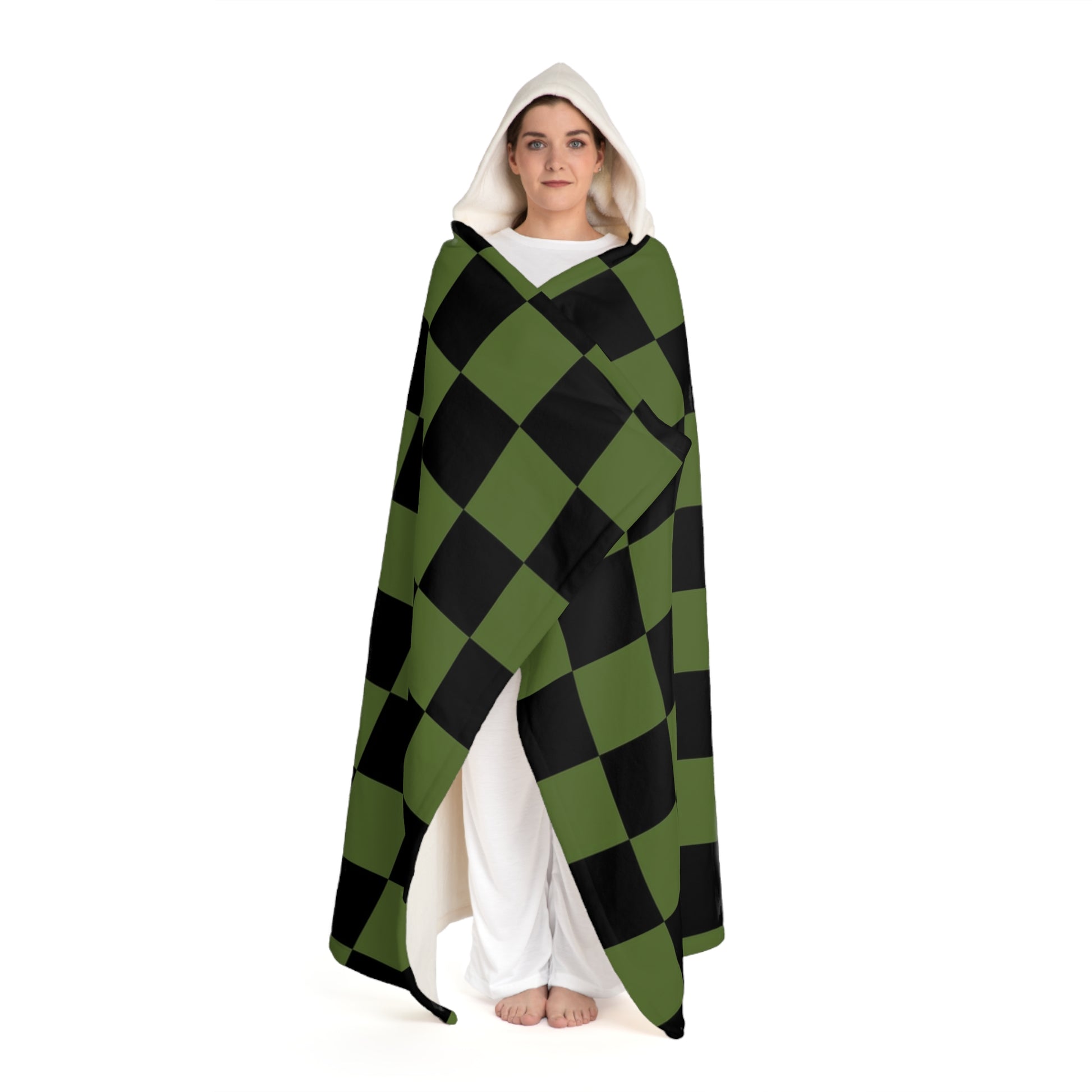 Checkerboard Olive Green and Black Hooded Sherpa Fleece Blanket, Artsulli - Art is Long, Life is Short, All Over Prints, , , , , , , 