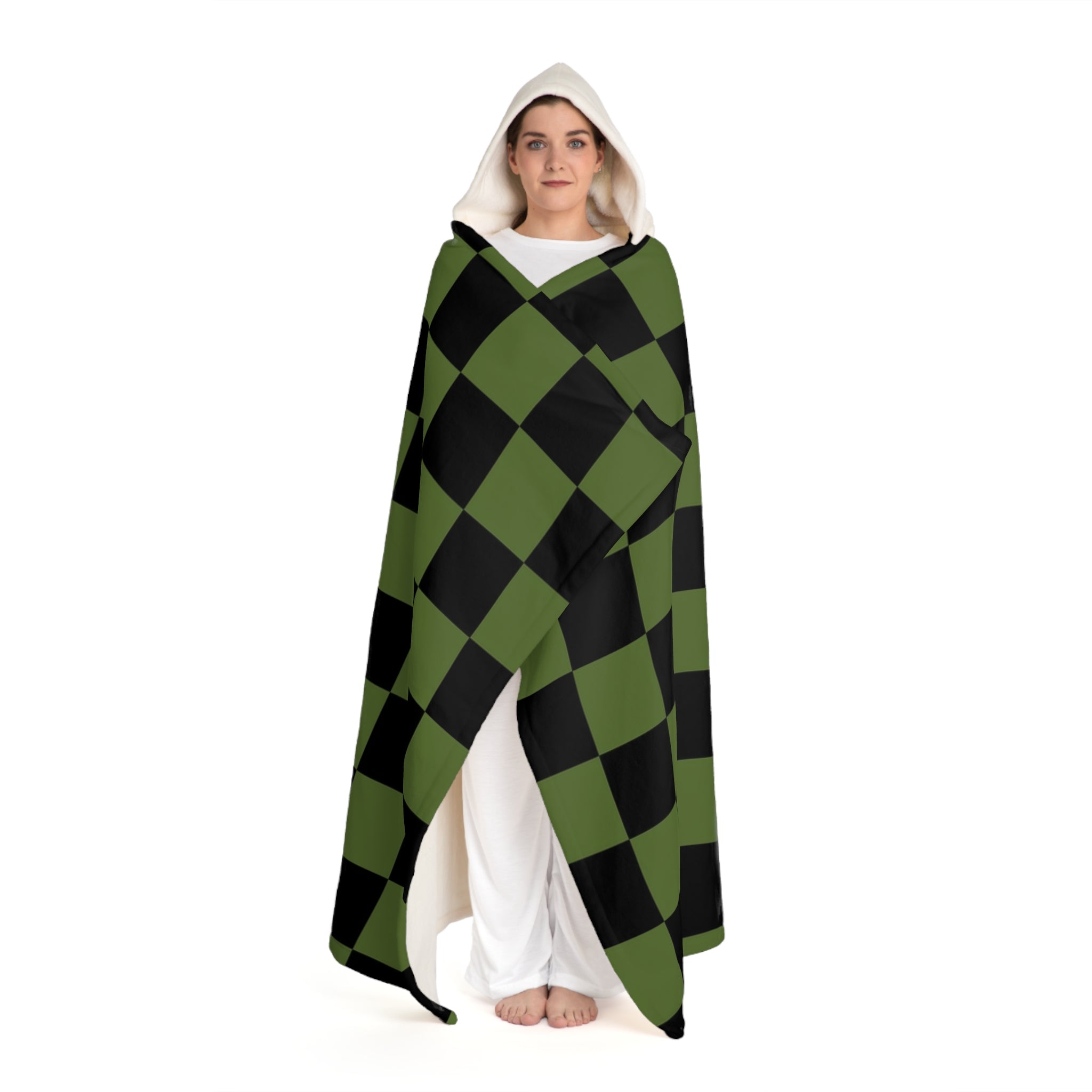 Checkerboard Olive Green and Black Hooded Sherpa Fleece Blanket, Artsulli - Art is Long, Life is Short, All Over Prints, , , , , , , 