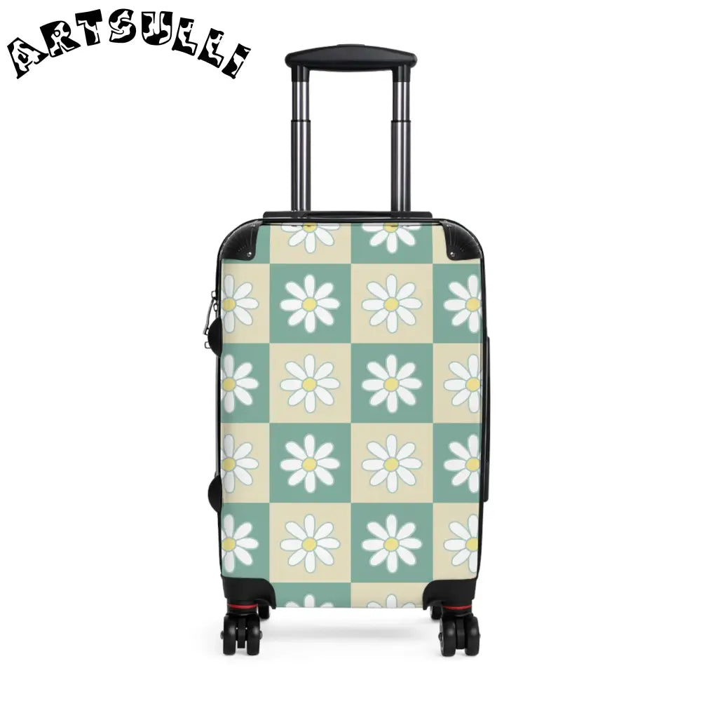 JAKKOUTTHEBXX Retro Daisy Checkerboard Green and Tan Suitcase