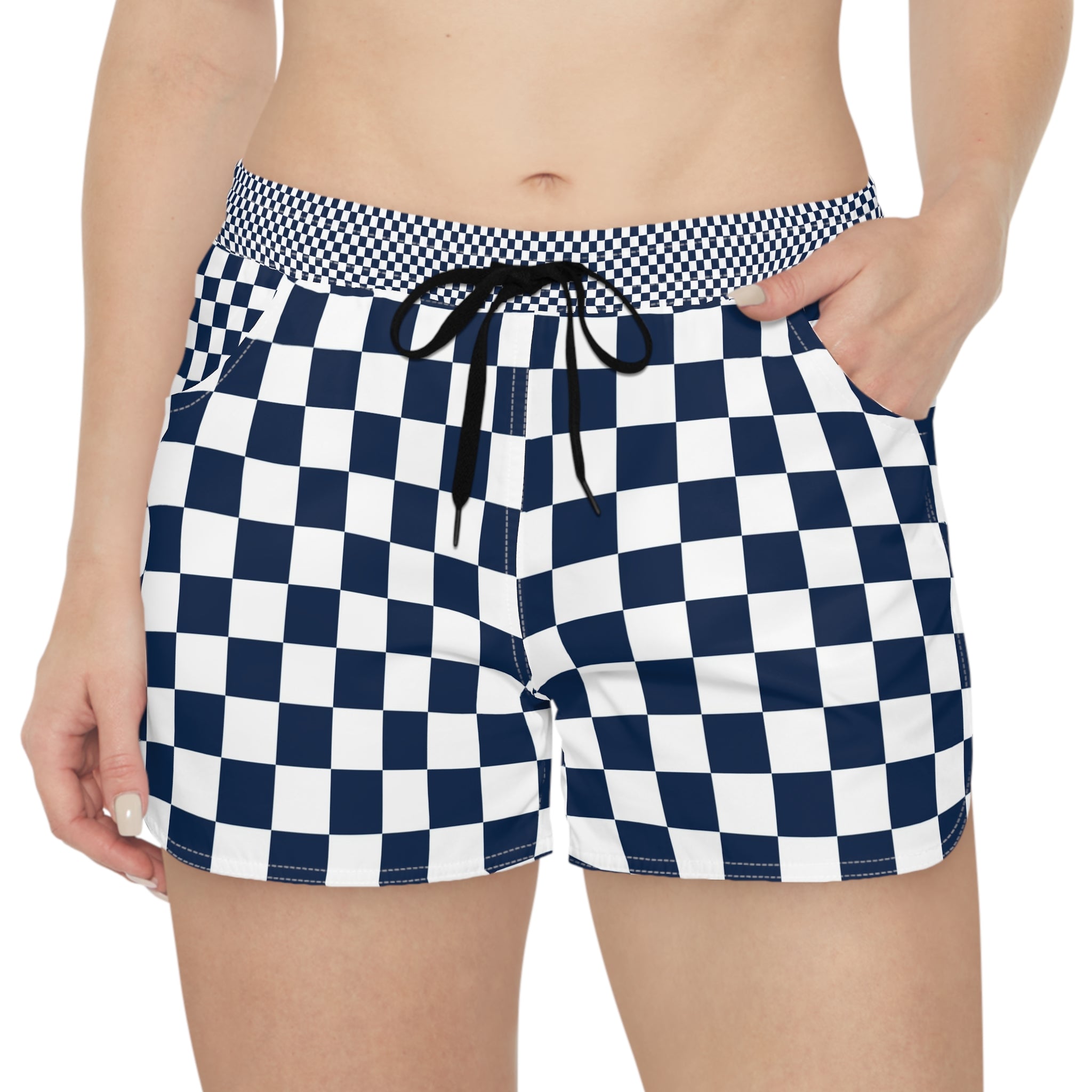 Checkerboard White and Navy Blue Women's Casual Shorts (AOP), Artsulli - Art is Long, Life is Short, All Over Prints, , , , , , , 