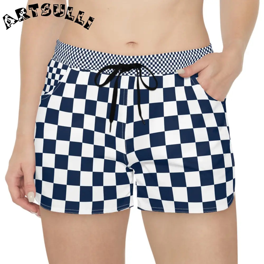 JAKKOUTTHEBXX Checkerboard White and Navy Blue Women’s Casual Shorts