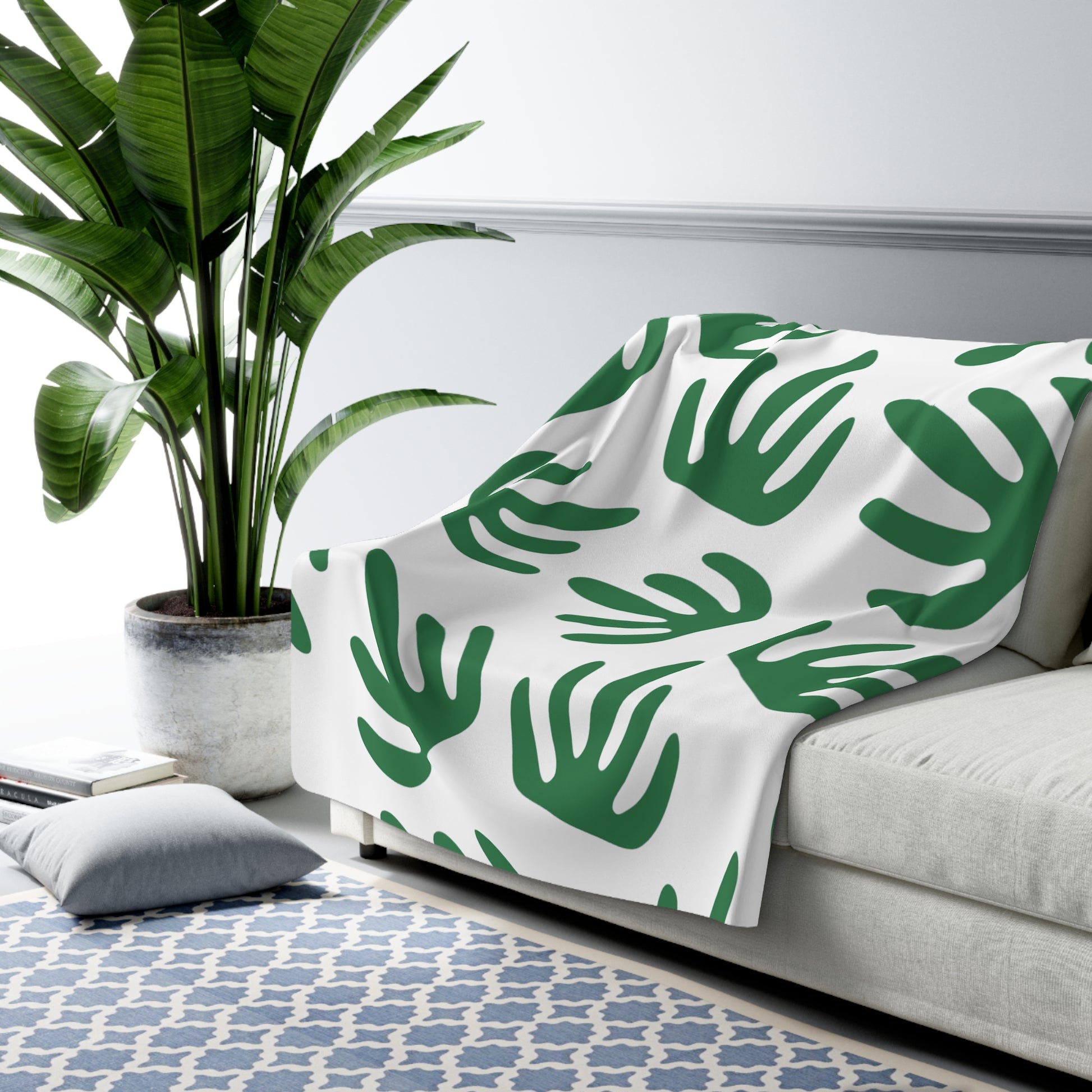Green Palm Leaves White Sherpa Fleece Blanket, Artsulli - Art is Long, Life is Short, Home Decor, , , , , , , 