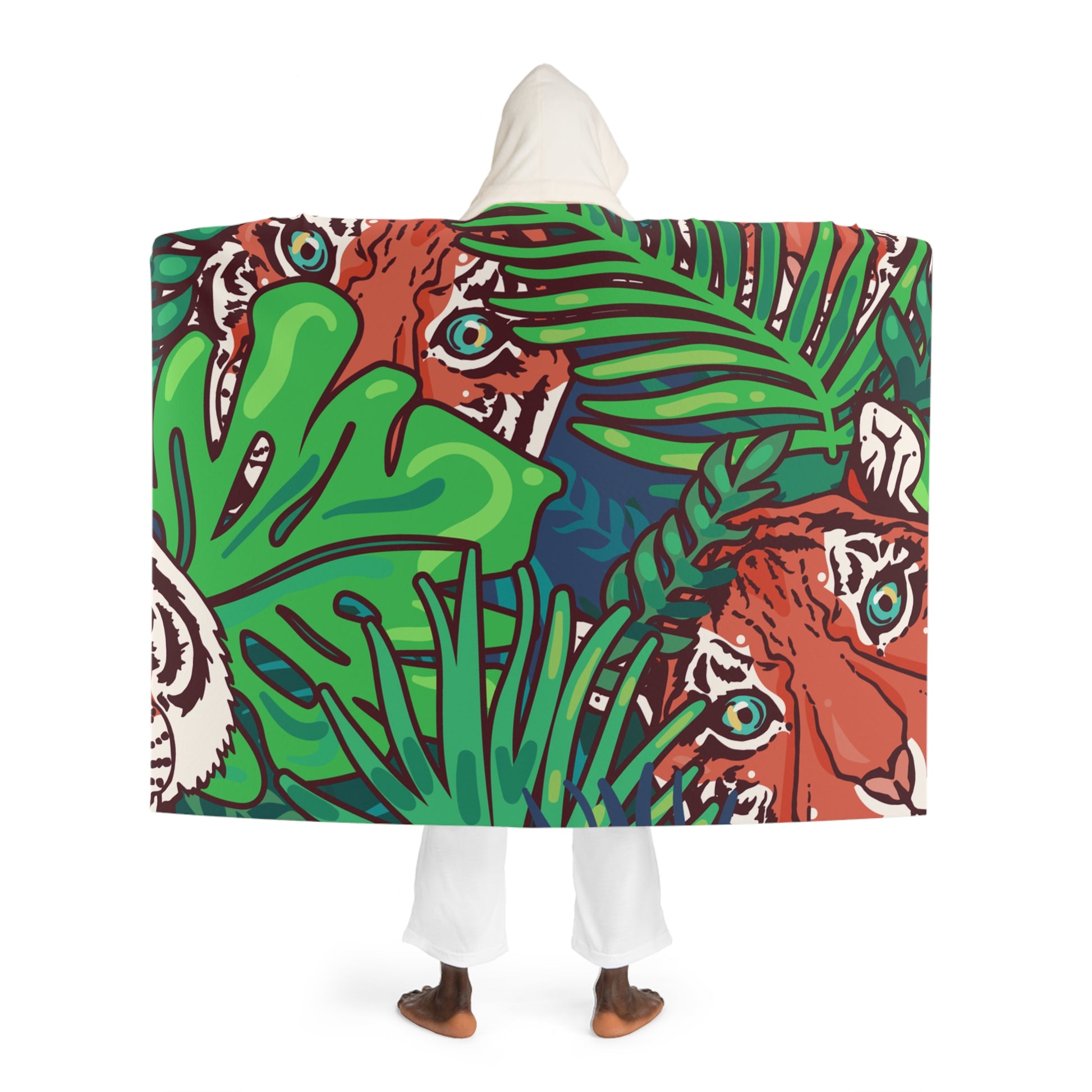 Tropical Jungle Tigers Blue and Green Hooded Sherpa Fleece Blanket, Artsulli - Art is Long, Life is Short, All Over Prints, , , , , , , 