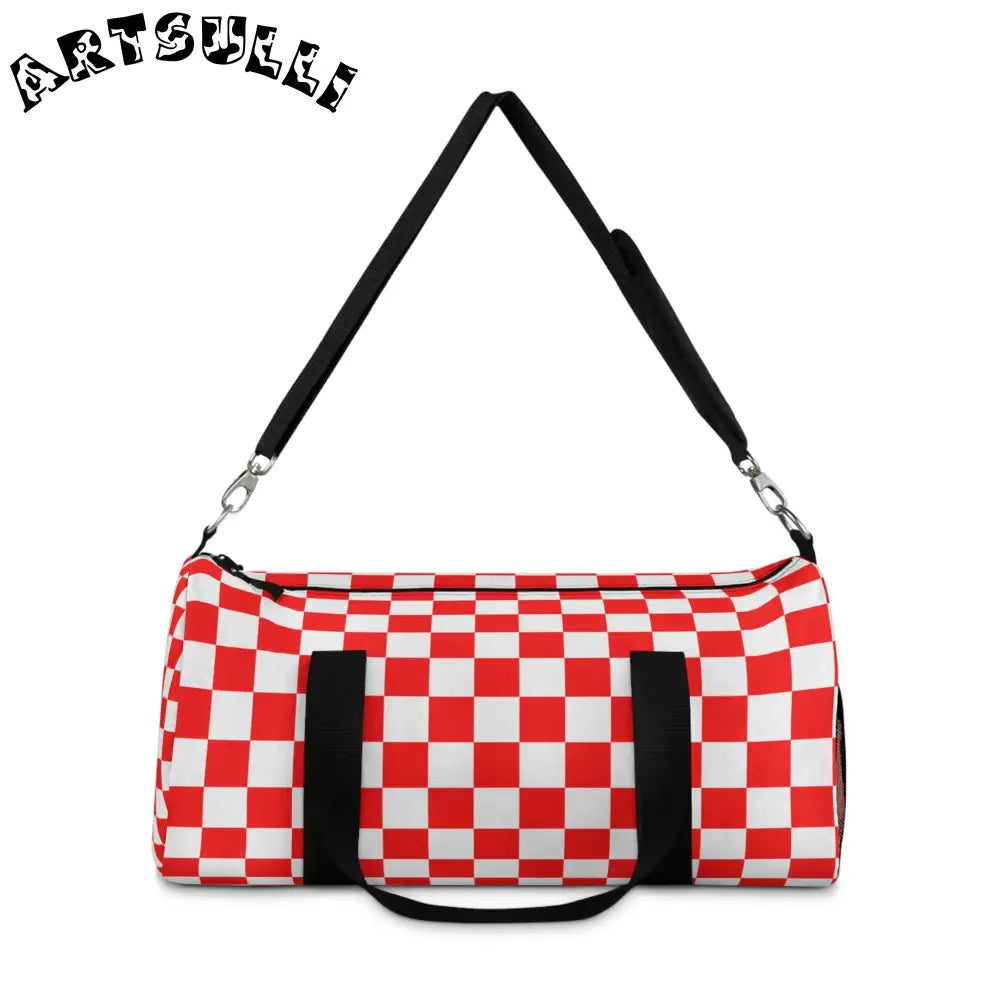 JAKKOUTTHEBXX Checkerboard II Red and White Duffel Bag JAKKOUTTHEBXX