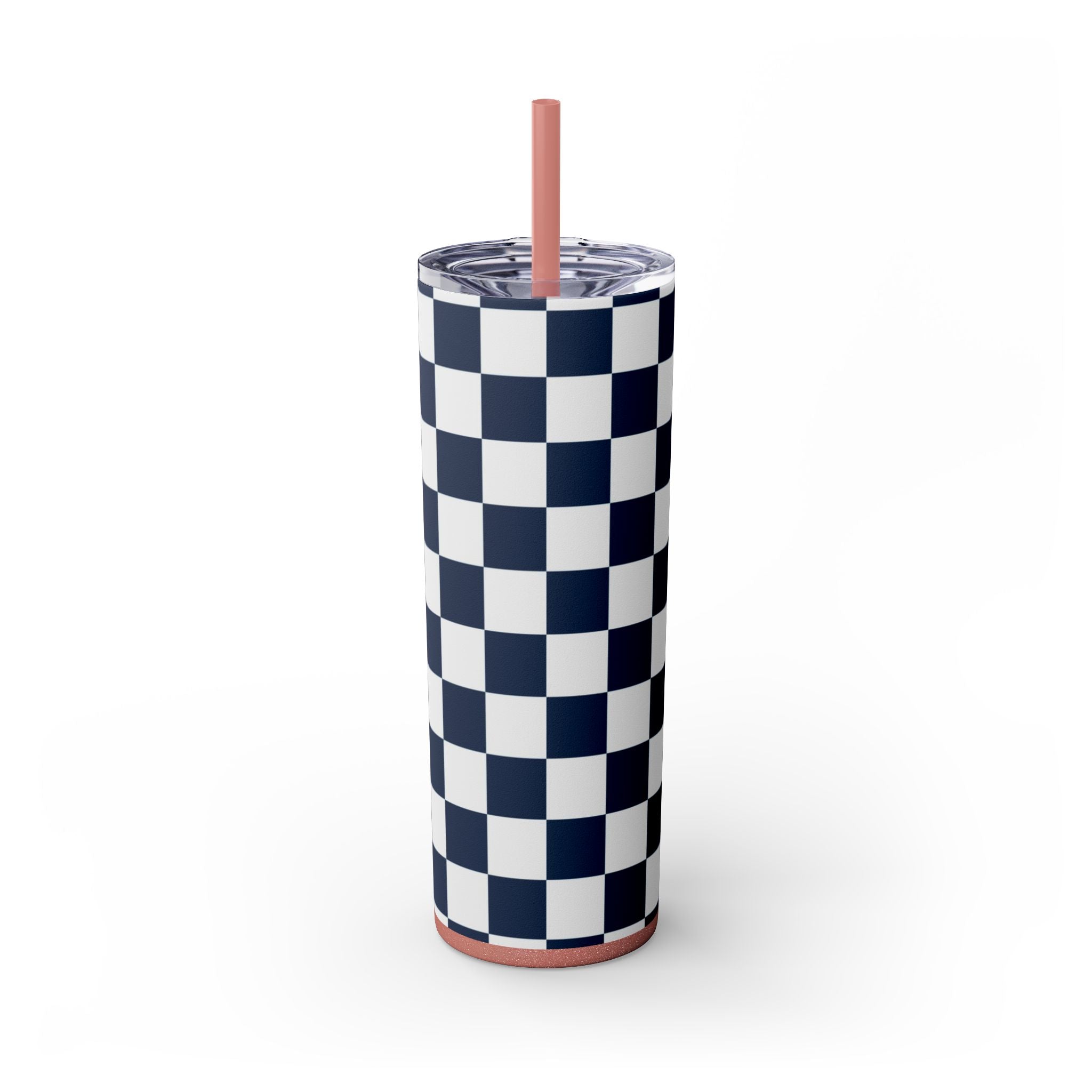 Checkerboard White and Navy Blue Skinny Tumbler with Straw, 20oz, Artsulli - Art is Long, Life is Short, Mug, Finish, Glossy, Color, Glitter Dusty Rose, Size, 20oz, 27569160409742198103