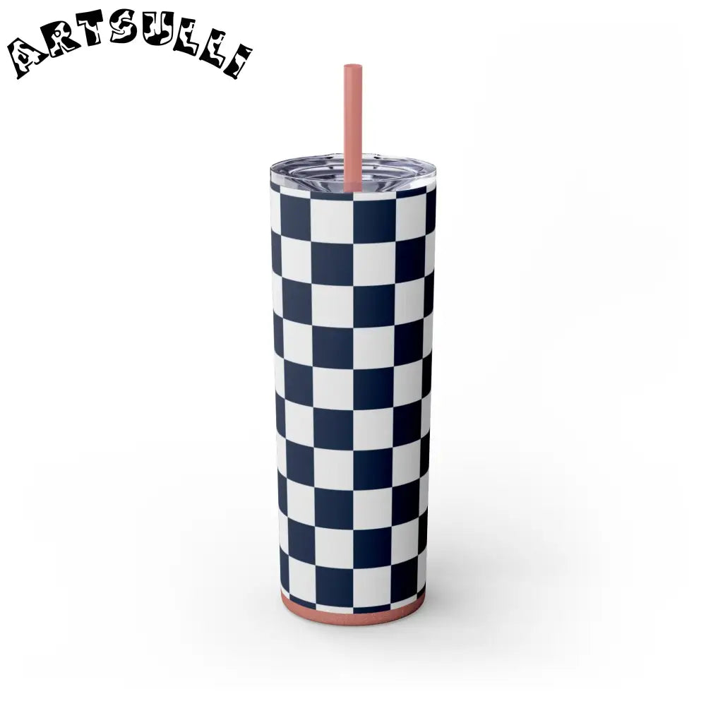 JAKKOUTTHEBXX Checkerboard White and Navy Blue Skinny Tumbler