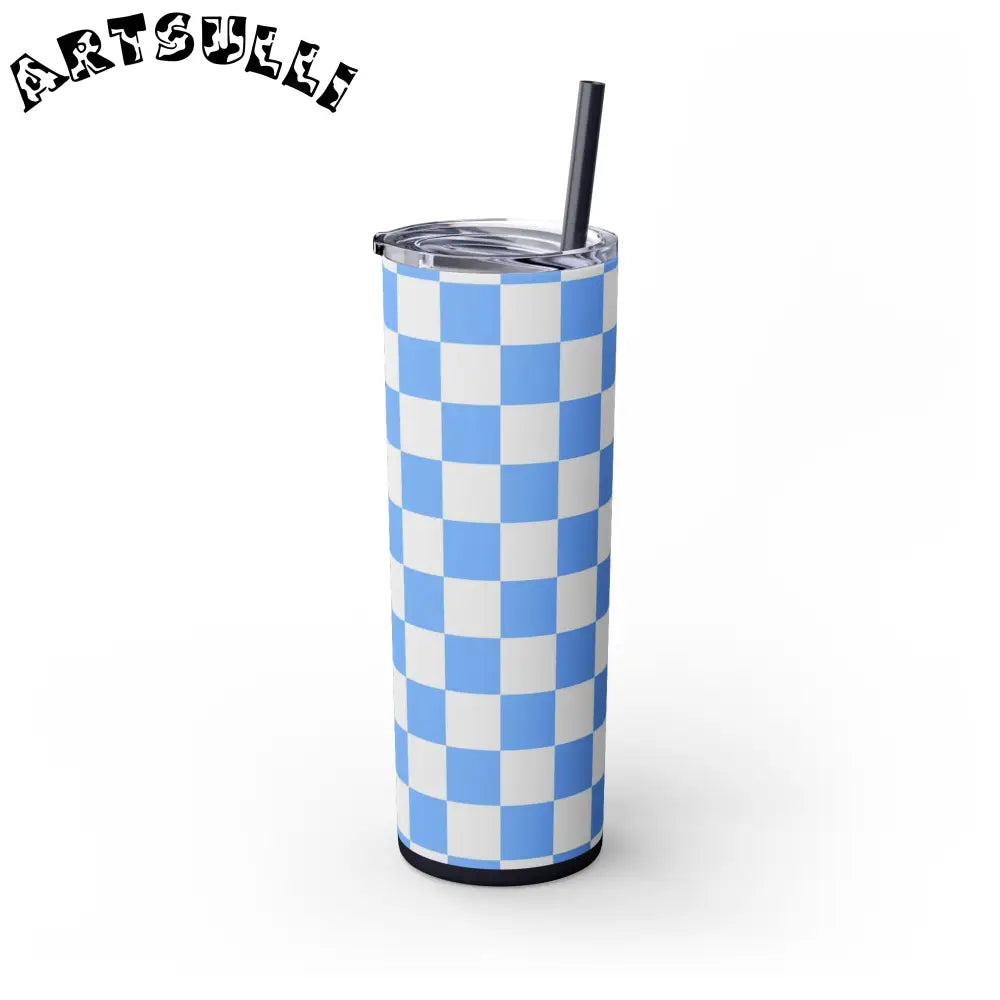 JAKKOUTTHEBXX Checkerboard White and Light Blue Skinny Tumbler