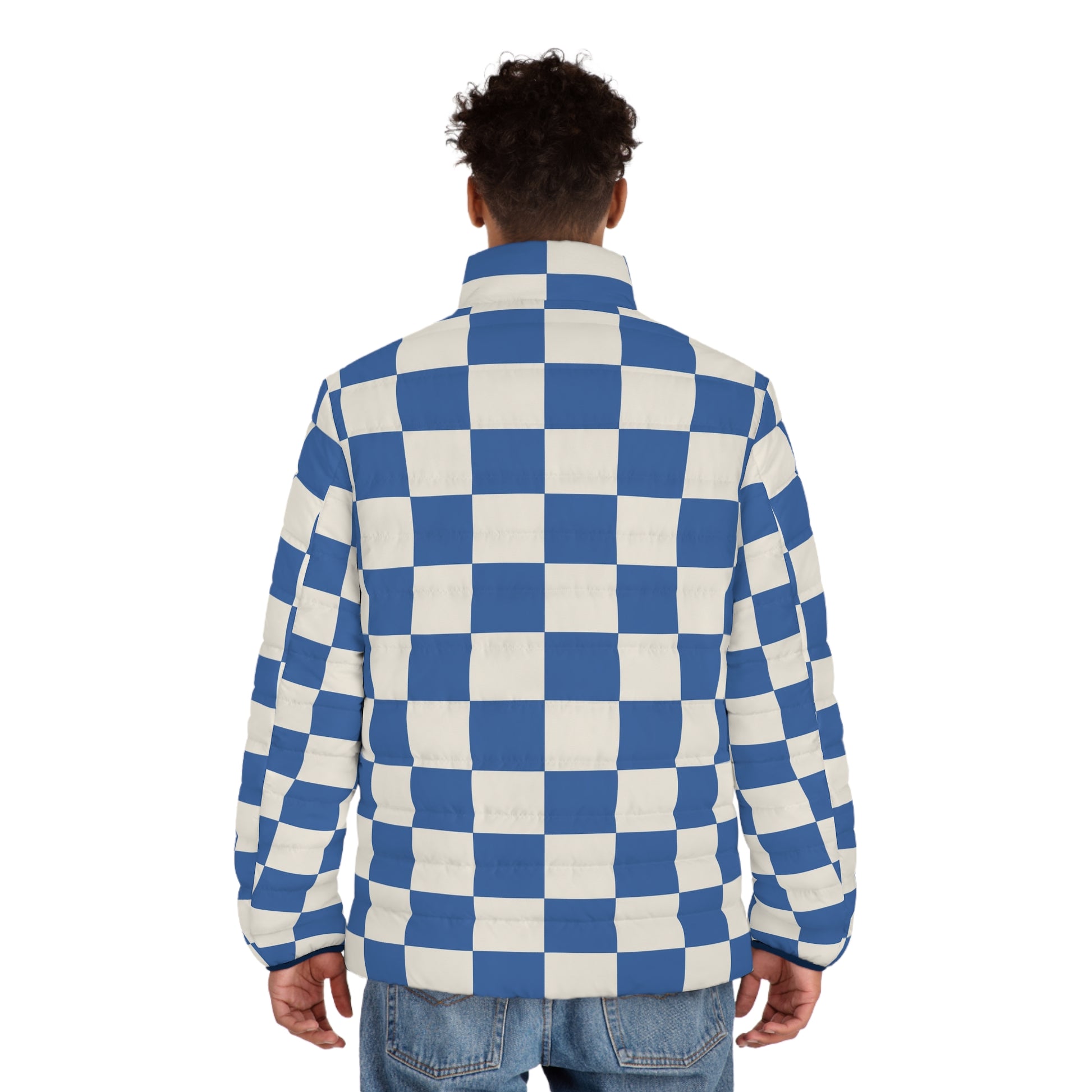 Checkerboard Blue Men's Puffer Jacket (AOP), Artsulli - Art is Long, Life is Short, All Over Prints, , , , , , , 