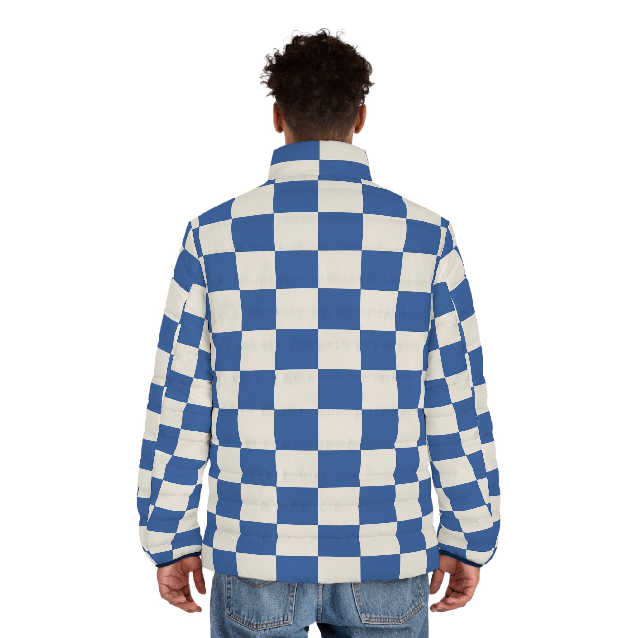 Checkerboard Blue Men's Puffer Jacket (AOP), Artsulli - Art is Long, Life is Short, All Over Prints, , , , , , , 