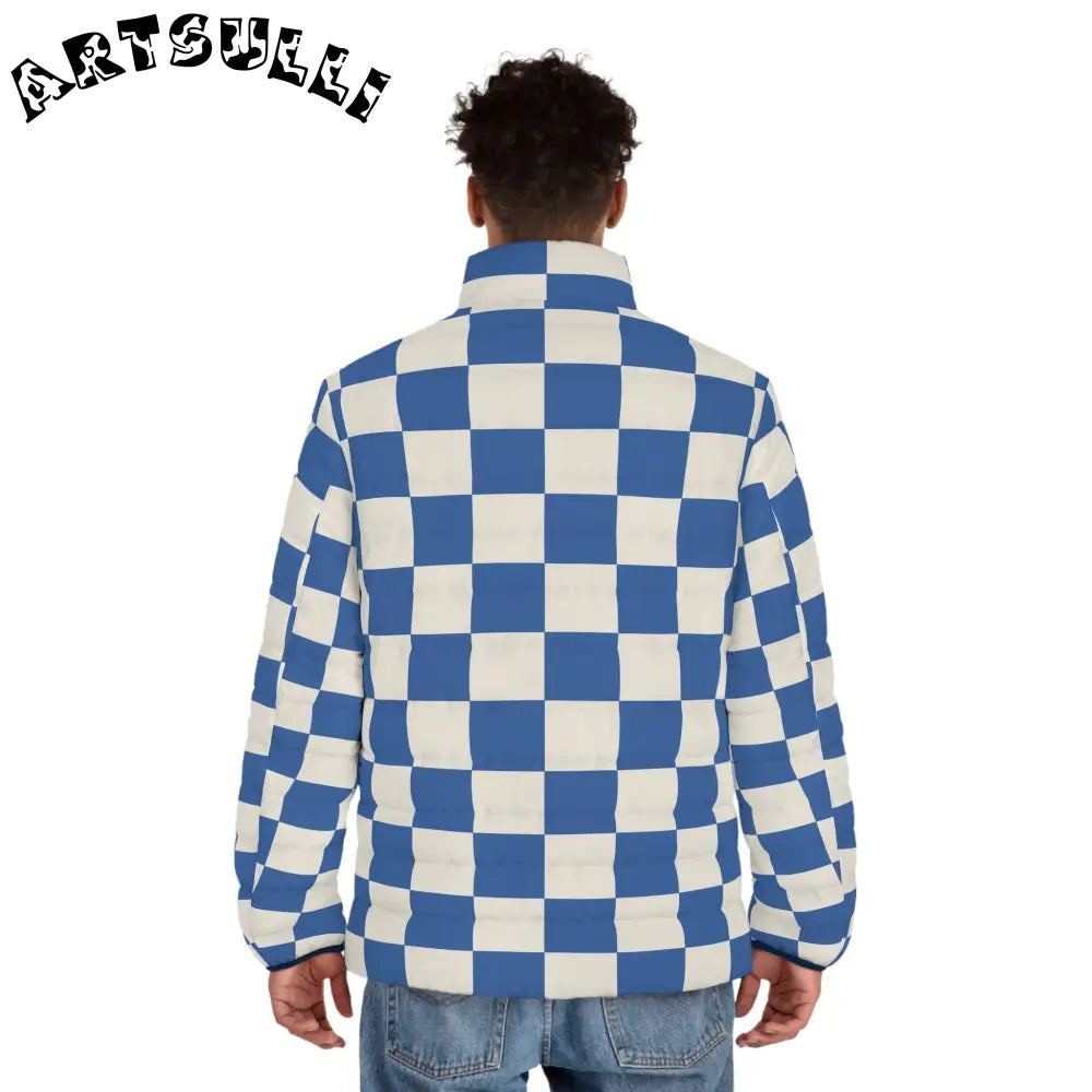 JAKKOUTTHEBXX Checkerboard Blue Men’s Puffer Jacket (AOP)