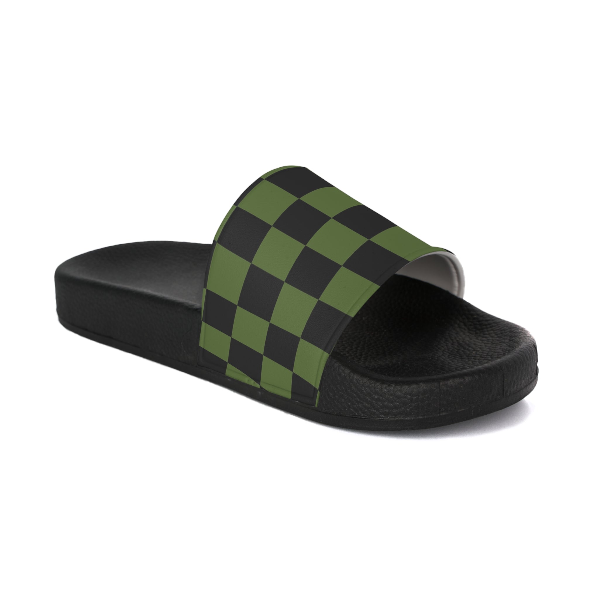 Checkerboard Olive Green and Black Women's Slide Sandals, Artsulli - Art is Long, Life is Short, Shoes, Color, Black sole, Size, US 5, , , 26269150496011215465