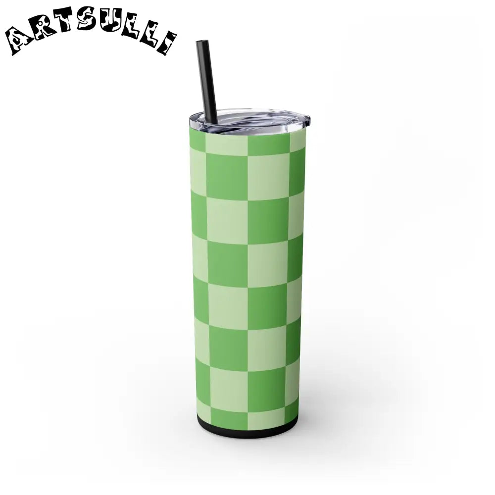 JAKKOUTTHEBXX Checkerboard Green Skinny Tumbler with Straw 20oz