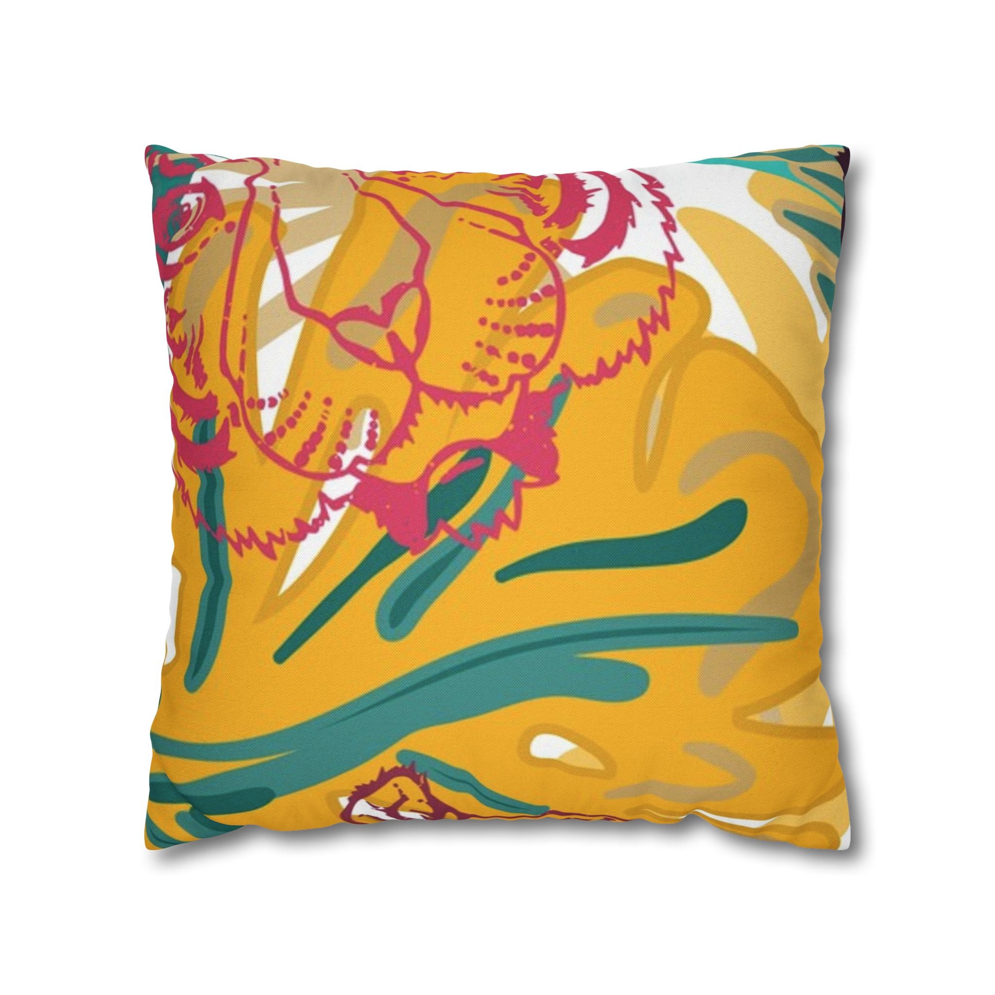 Tropical Jungle Tigers Brown and Green Spun Polyester Square Pillowcase, Artsulli - Art is Long, Life is Short, Home Decor, Size, 18" × 18", , , , , 14504510758657
