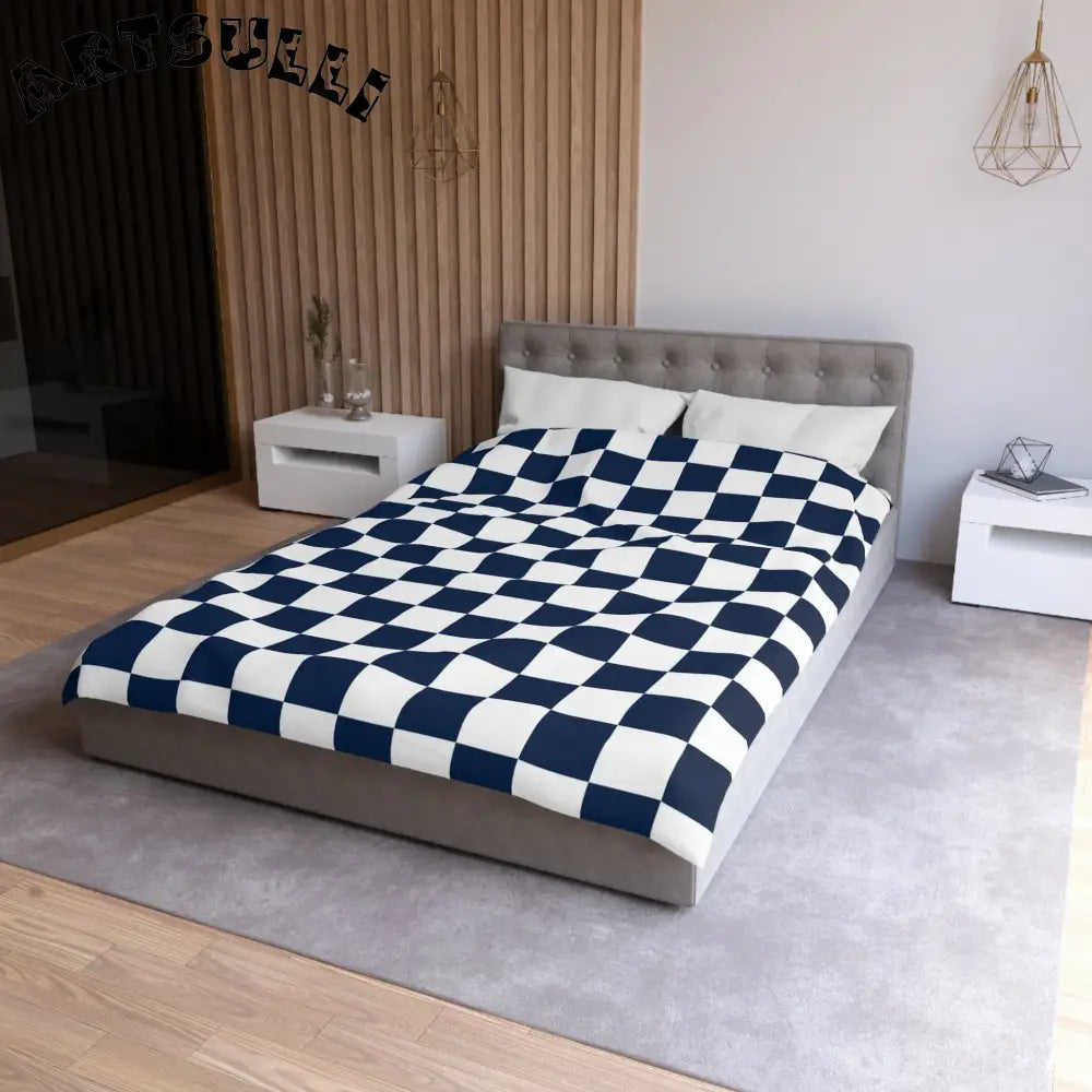 JAKKOUTTHEBXX Checkerboard White and Navy Blue Microfiber Duvet
