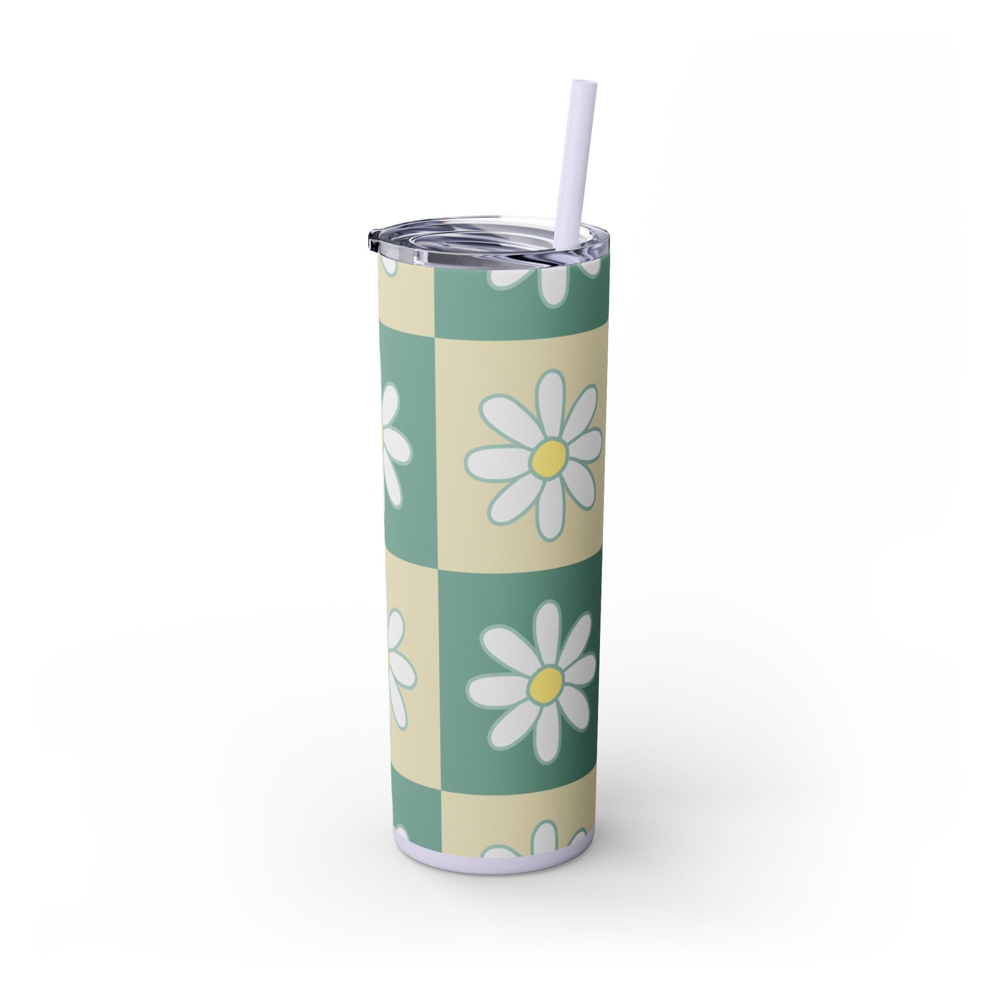 Retro Daisy Checkerboard Green and Tan Skinny Tumbler with Straw, 20oz, Artsulli - Art is Long, Life is Short, Mug, , , , , , , 