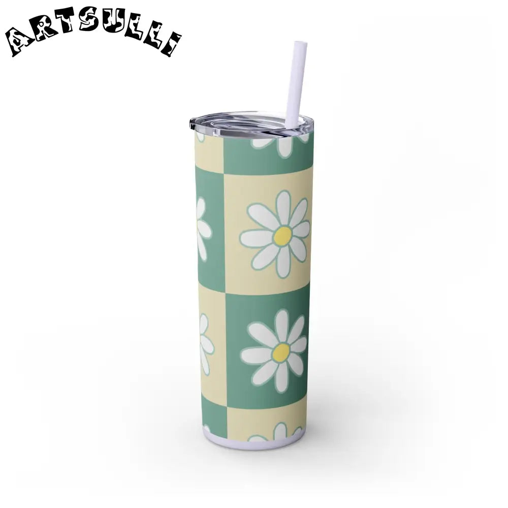 JAKKOUTTHEBXX Retro Daisy Checkerboard Green and Tan Skinny Tumbler