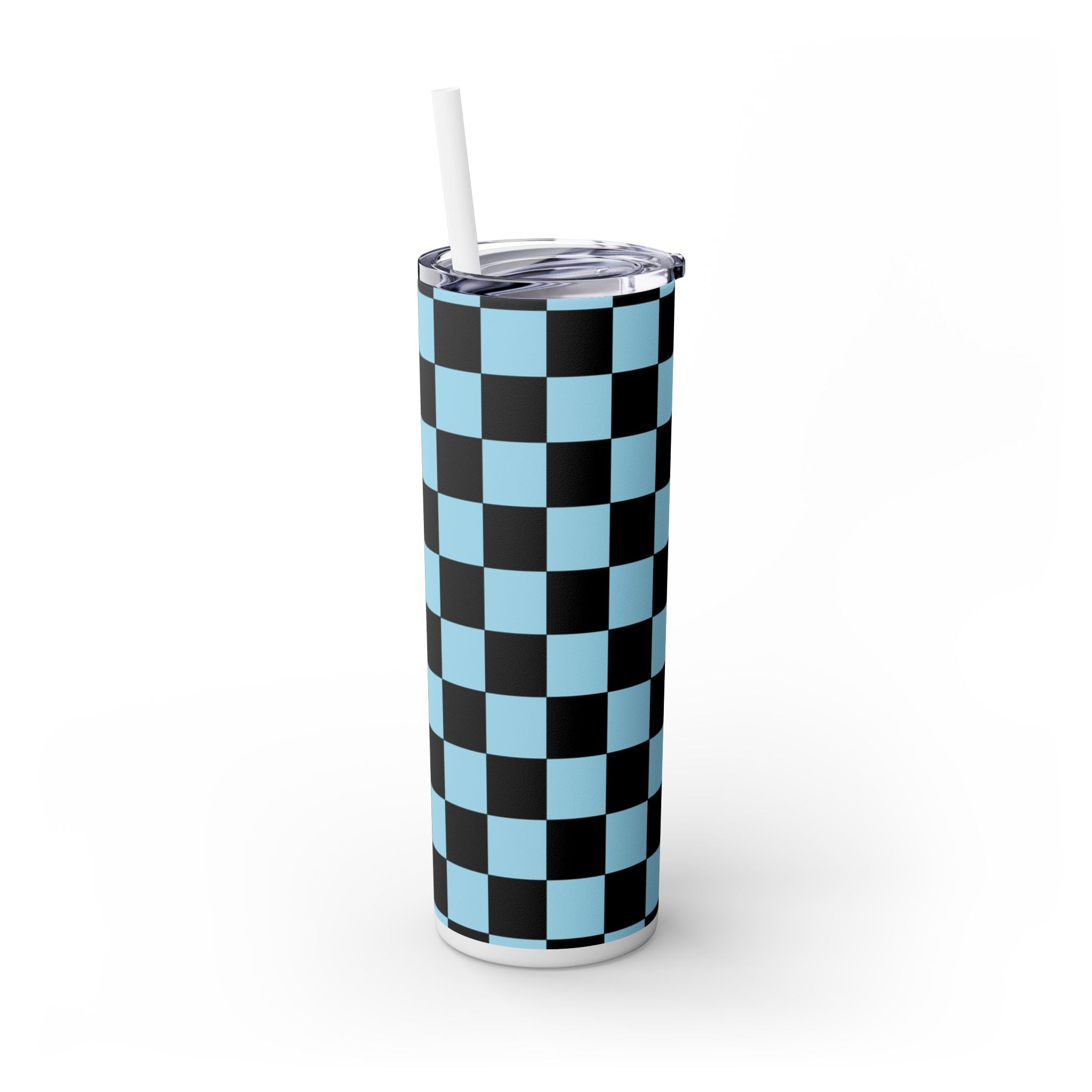 Checkerboard Black and Blue Skinny Tumbler with Straw, 20oz, Artsulli - Art is Long, Life is Short, Mug, , , , , , , 