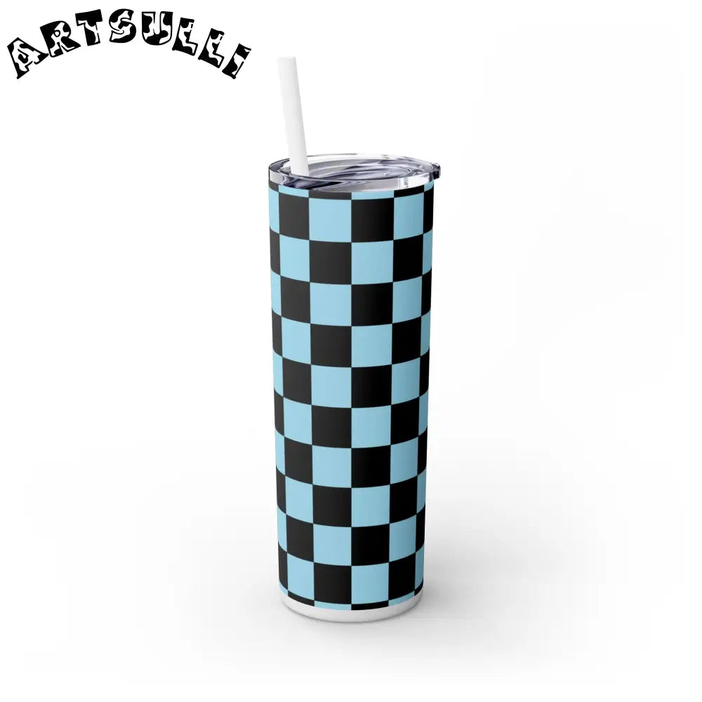 JAKKOUTTHEBXX Checkerboard Black and Blue Skinny Tumbler with Straw