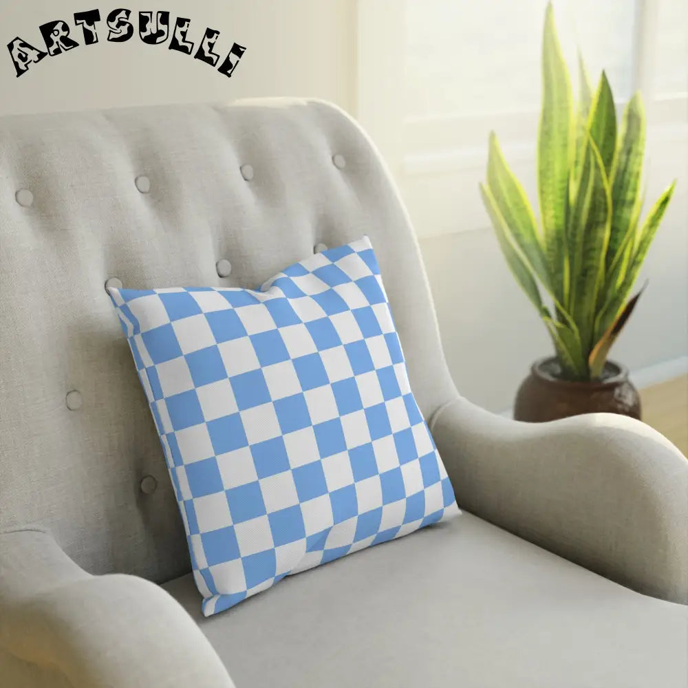 JAKKOUTTHEBXX Checkerboard White and Light Blue Cushion