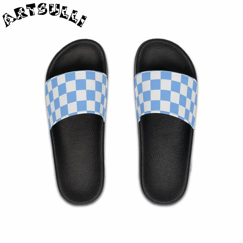 JAKKOUTTHEBXX Checkerboard White and Light Blue Men’s Slide Sandals