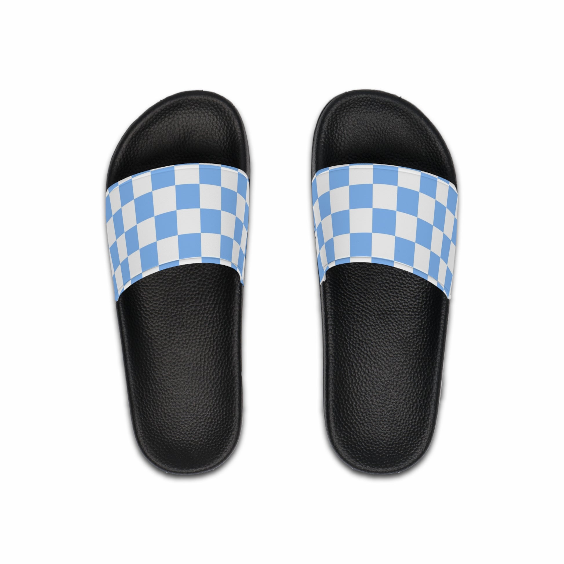 Checkerboard White and Light Blue Men's Slide Sandals, Artsulli - Art is Long, Life is Short, Shoes, Color, Black sole, Size, US 6, , , 28549199636239526202