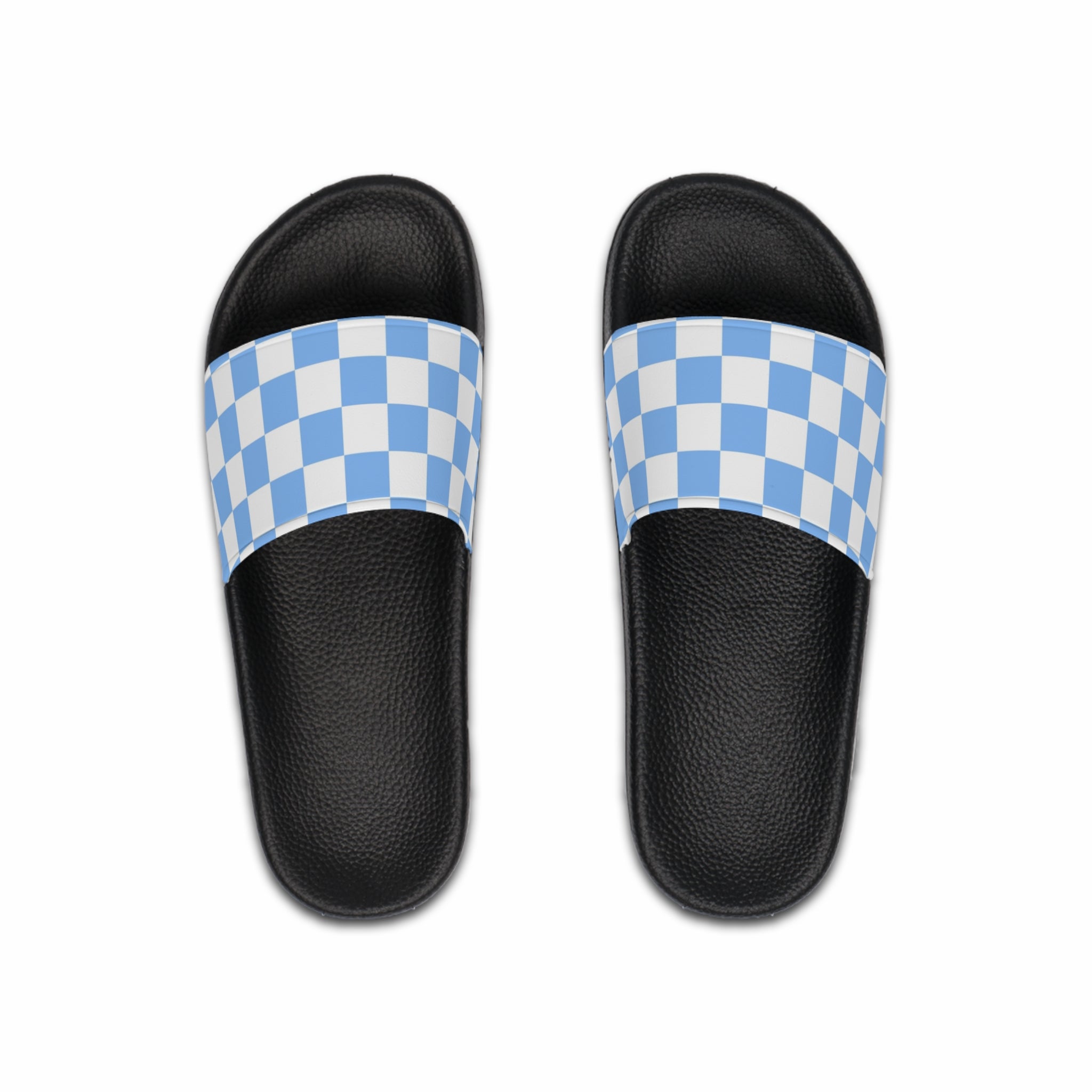 Checkerboard White and Light Blue Men's Slide Sandals, Artsulli - Art is Long, Life is Short, Shoes, Color, Black sole, Size, US 6, , , 28549199636239526202