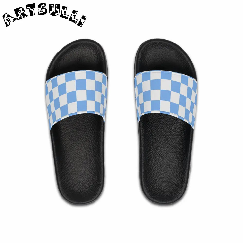 JAKKOUTTHEBXX Checkerboard White and Light Blue Men’s Slide Sandals