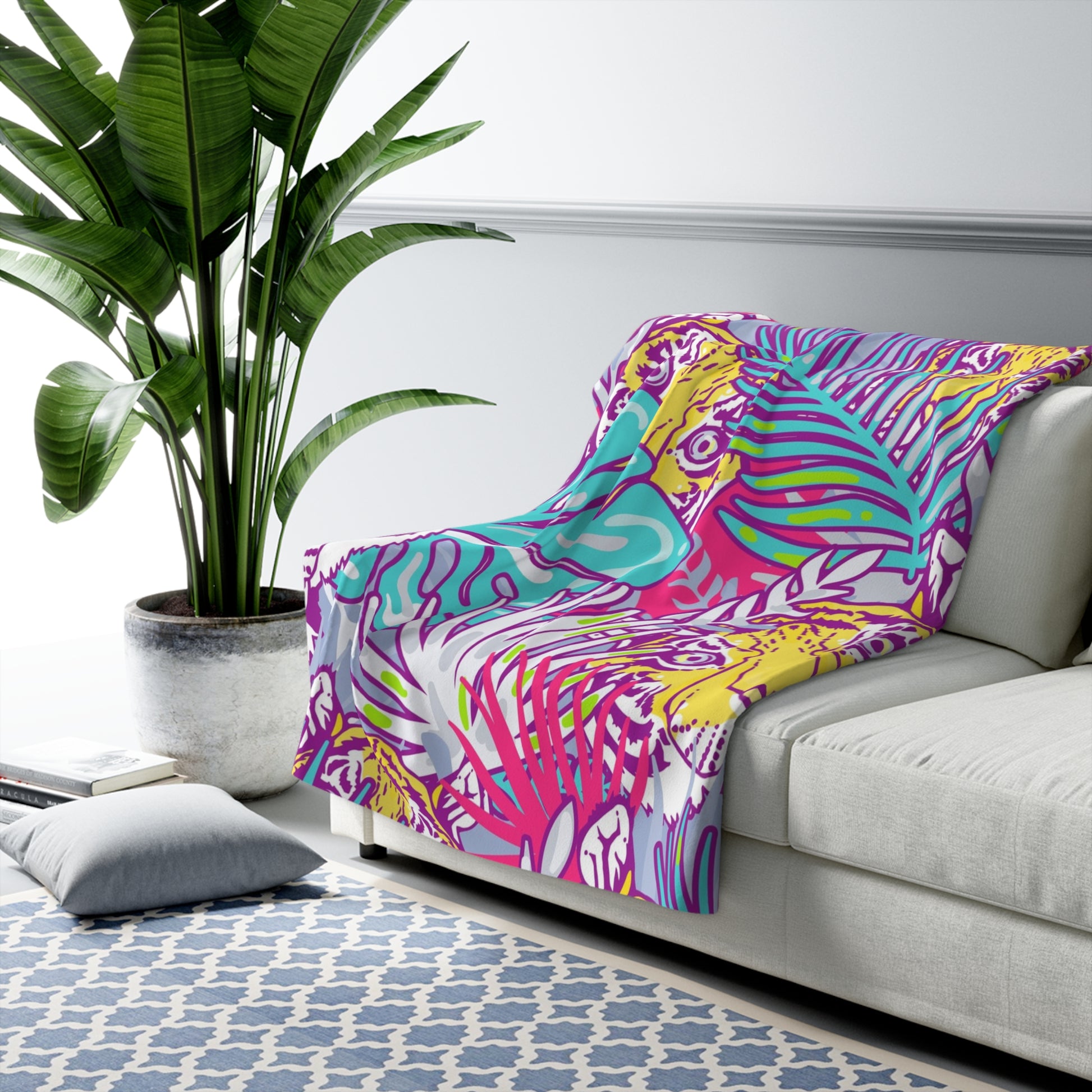 Tropical Floral Tigers Torquise and Purple Sherpa Fleece Blanket, Artsulli - Art is Long, Life is Short, Home Decor, , , , , , , 