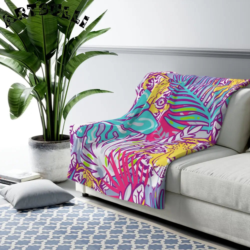 JAKKOUTTHEBXX Tropical Floral Tigers Torquise and Purple Sherpa