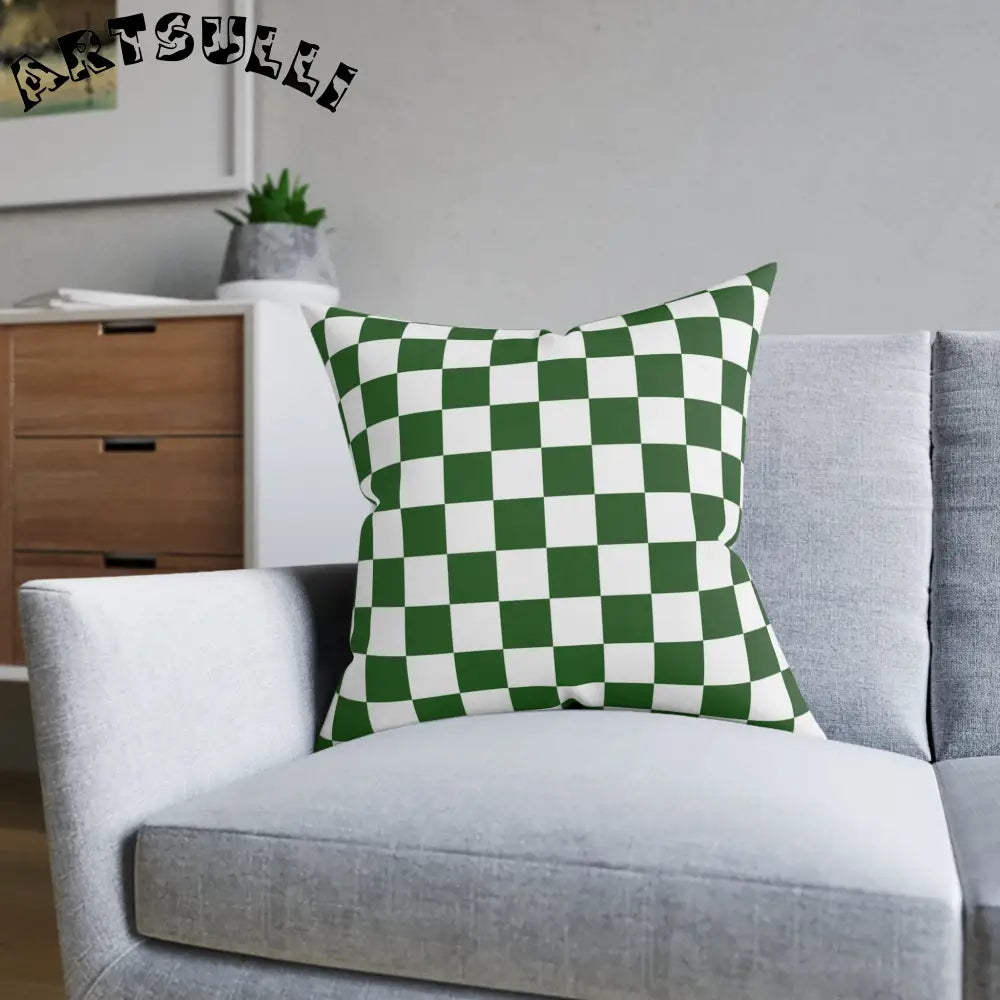 JAKKOUTTHEBXX Checkerboard White and Dark Green Square Pillow