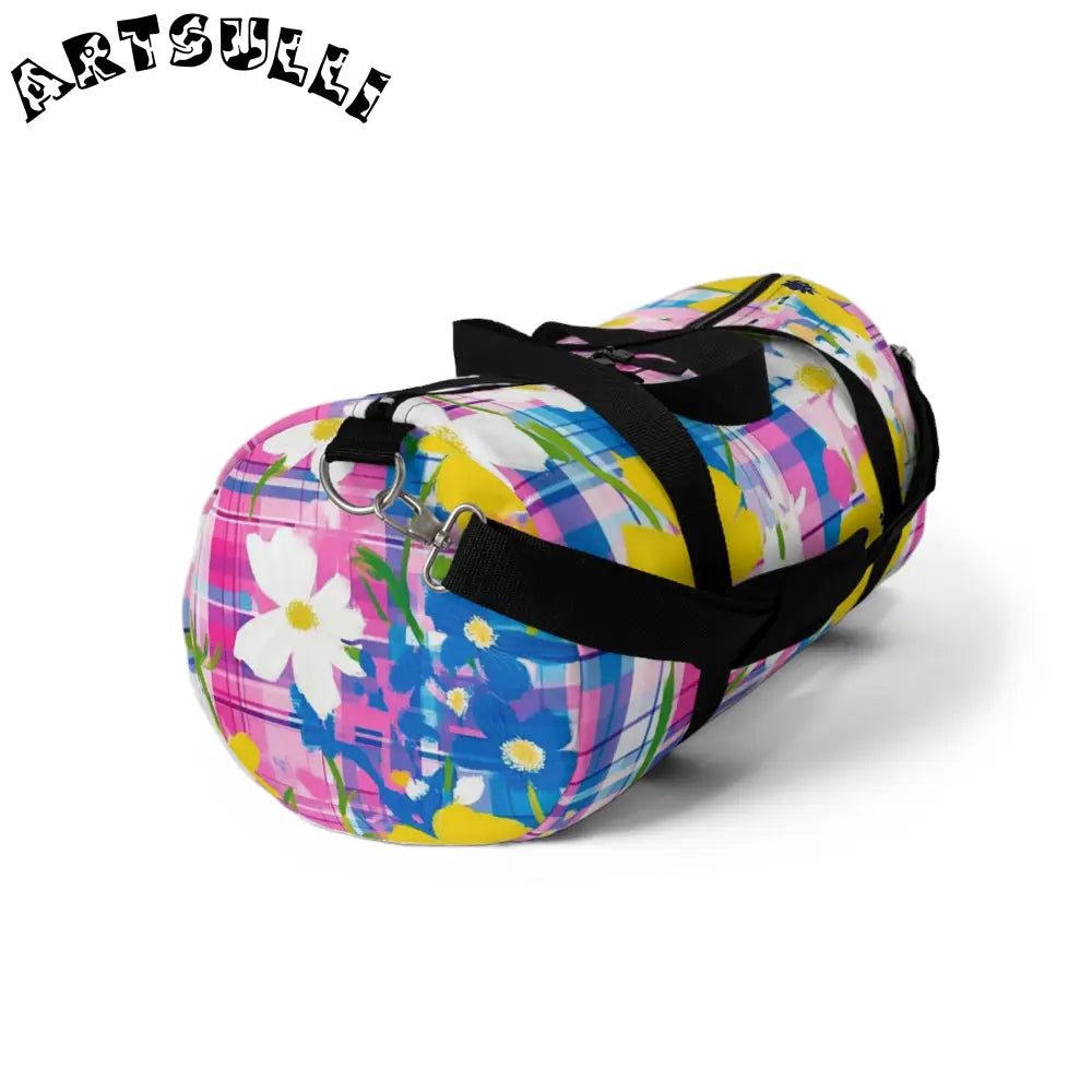 JAKKOUTTHEBXX Plaid Garden II Pink and Purple Duffel Bag