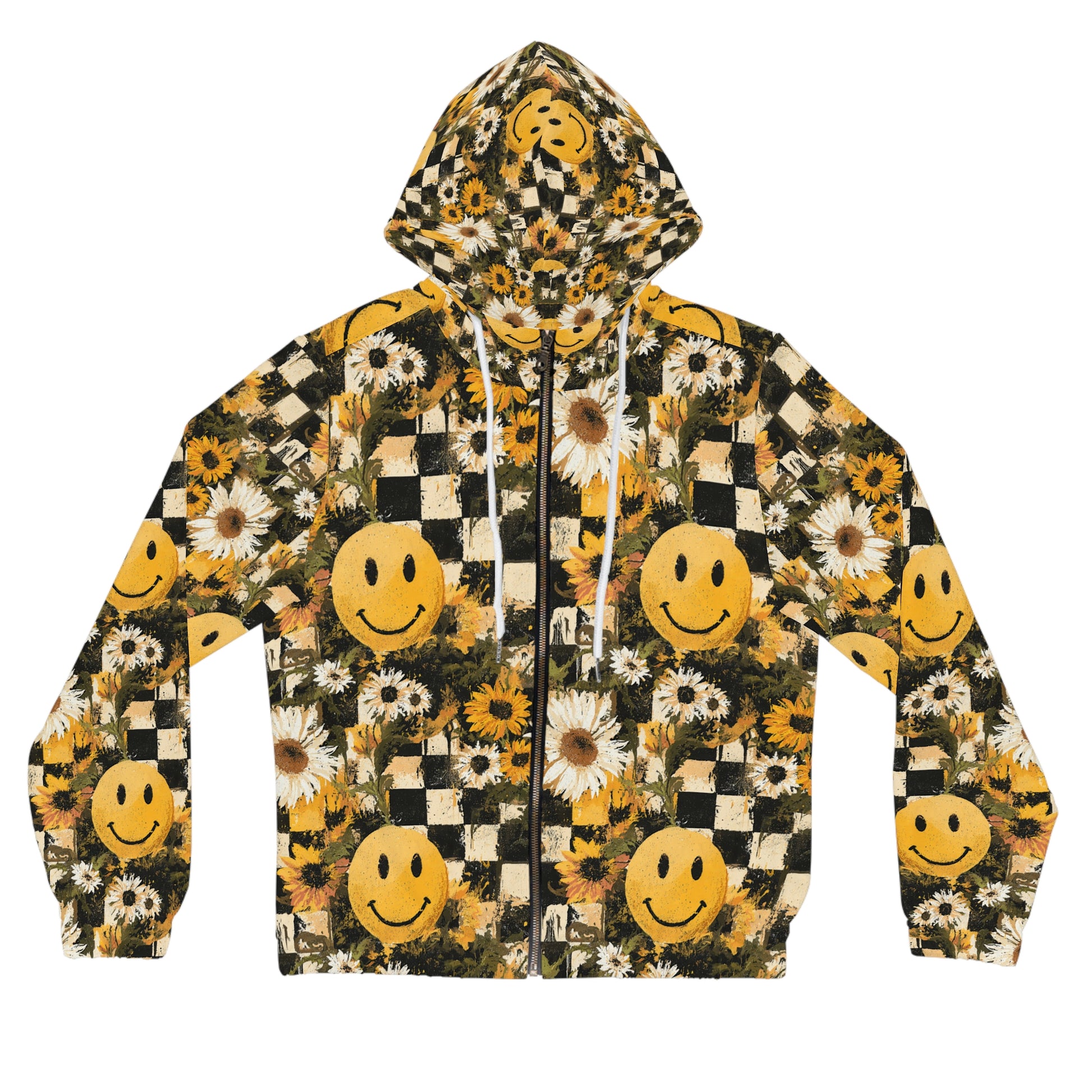 Smiley Face x Checkerboard x Sunflowers x Trippy x Vintage Black and Yellow Women’s Full-Zip Hoodie (AOP), Artsulli - Art is Long, Life is Short, All Over Prints, Size, XS, Color, White, , , 11432220911305150396