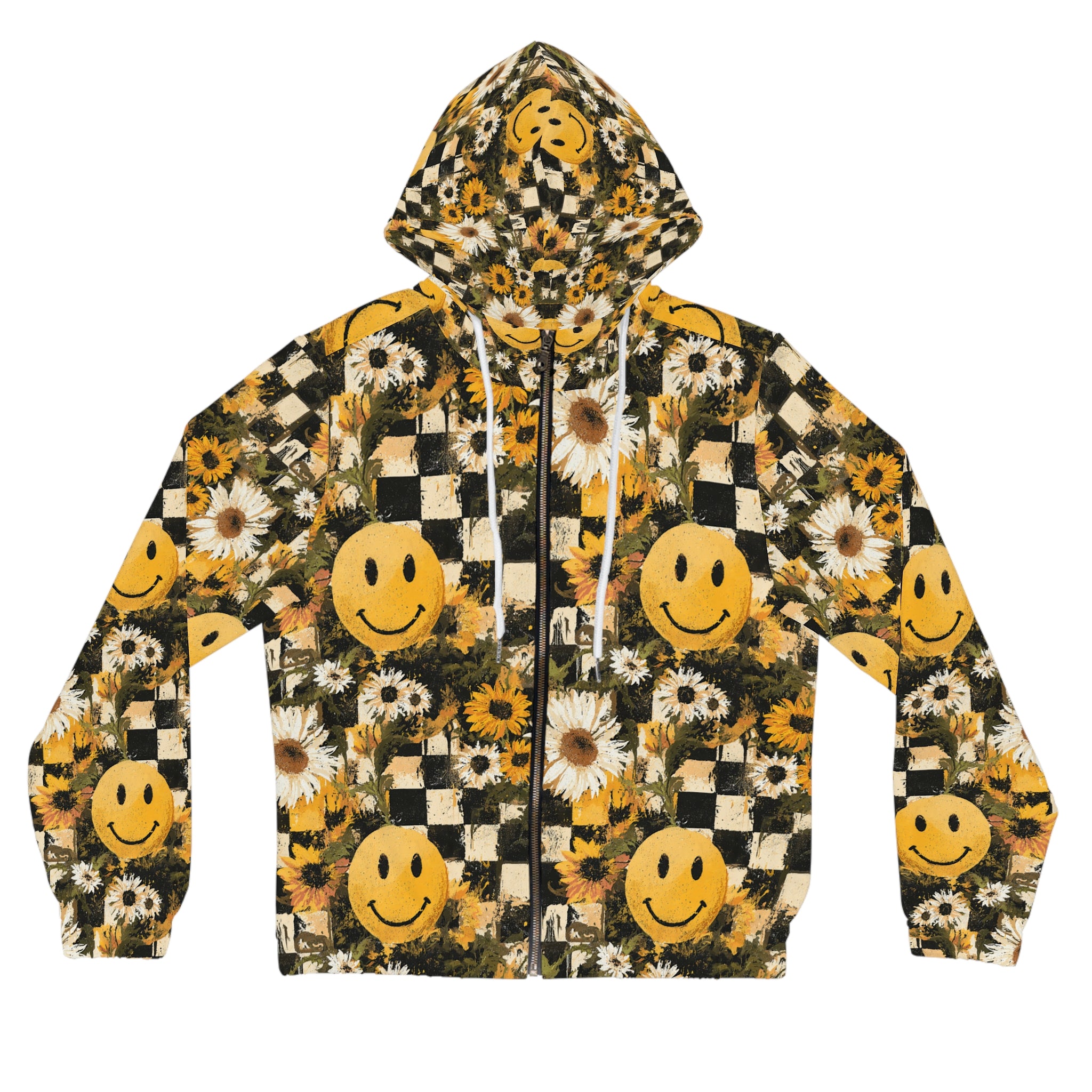 Smiley Face x Checkerboard x Sunflowers x Trippy x Vintage Black and Yellow Women’s Full-Zip Hoodie (AOP), Artsulli - Art is Long, Life is Short, All Over Prints, Size, XS, Color, White, , , 11432220911305150396