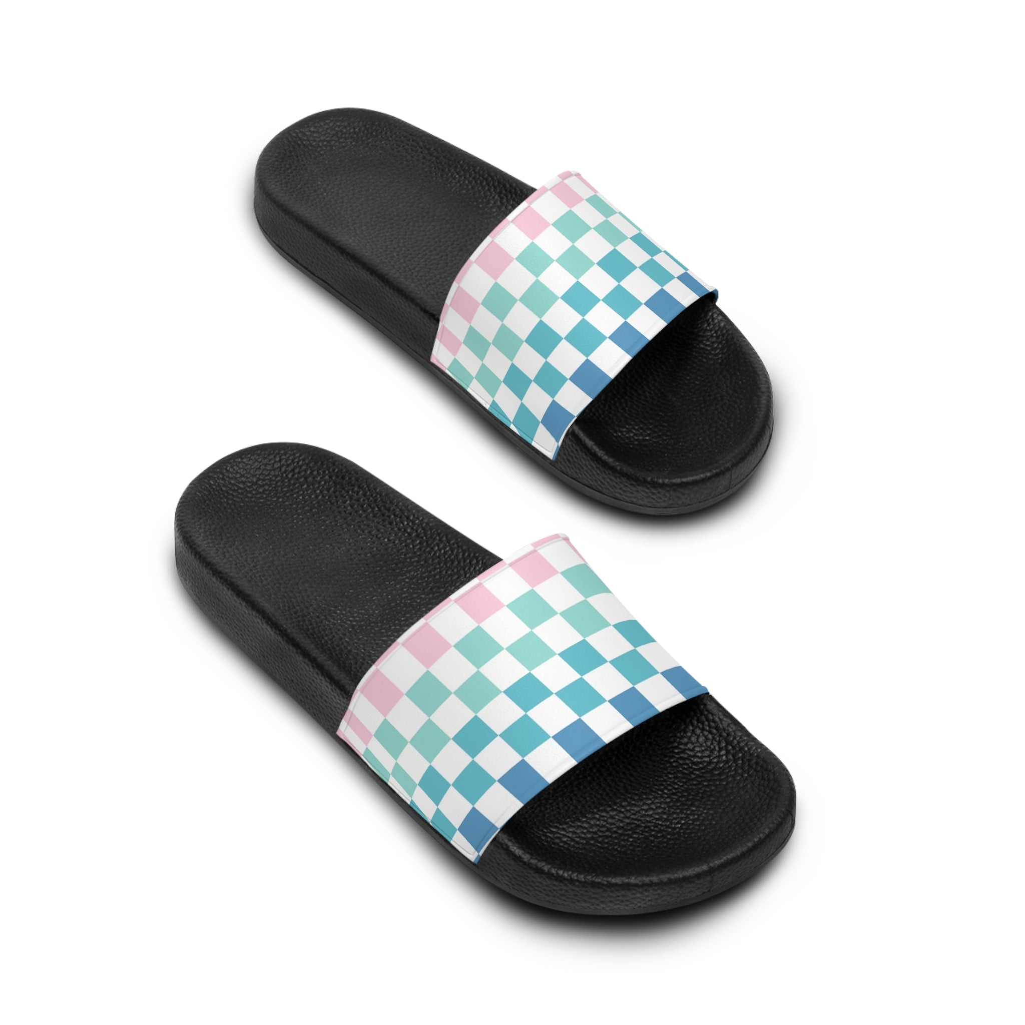 Vaporwave Rainbow  Checkerboard Multi-Color Women's Slide Sandals, Artsulli - Art is Long, Life is Short, Shoes, , , , , , , 