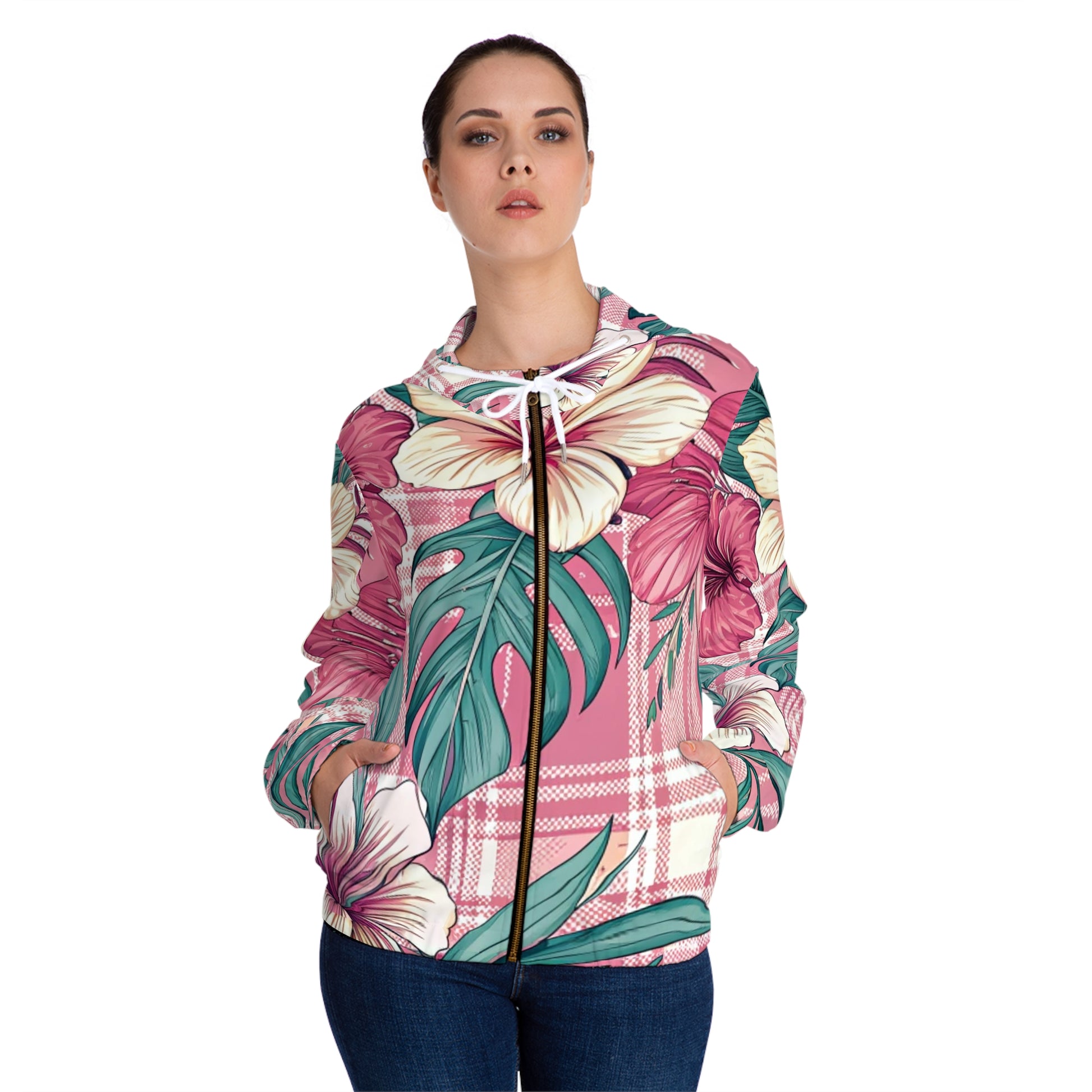Plaid x Floral Burgundy and Green Women’s Full-Zip Hoodie (AOP), Artsulli - Art is Long, Life is Short, All Over Prints, , , , , , , 